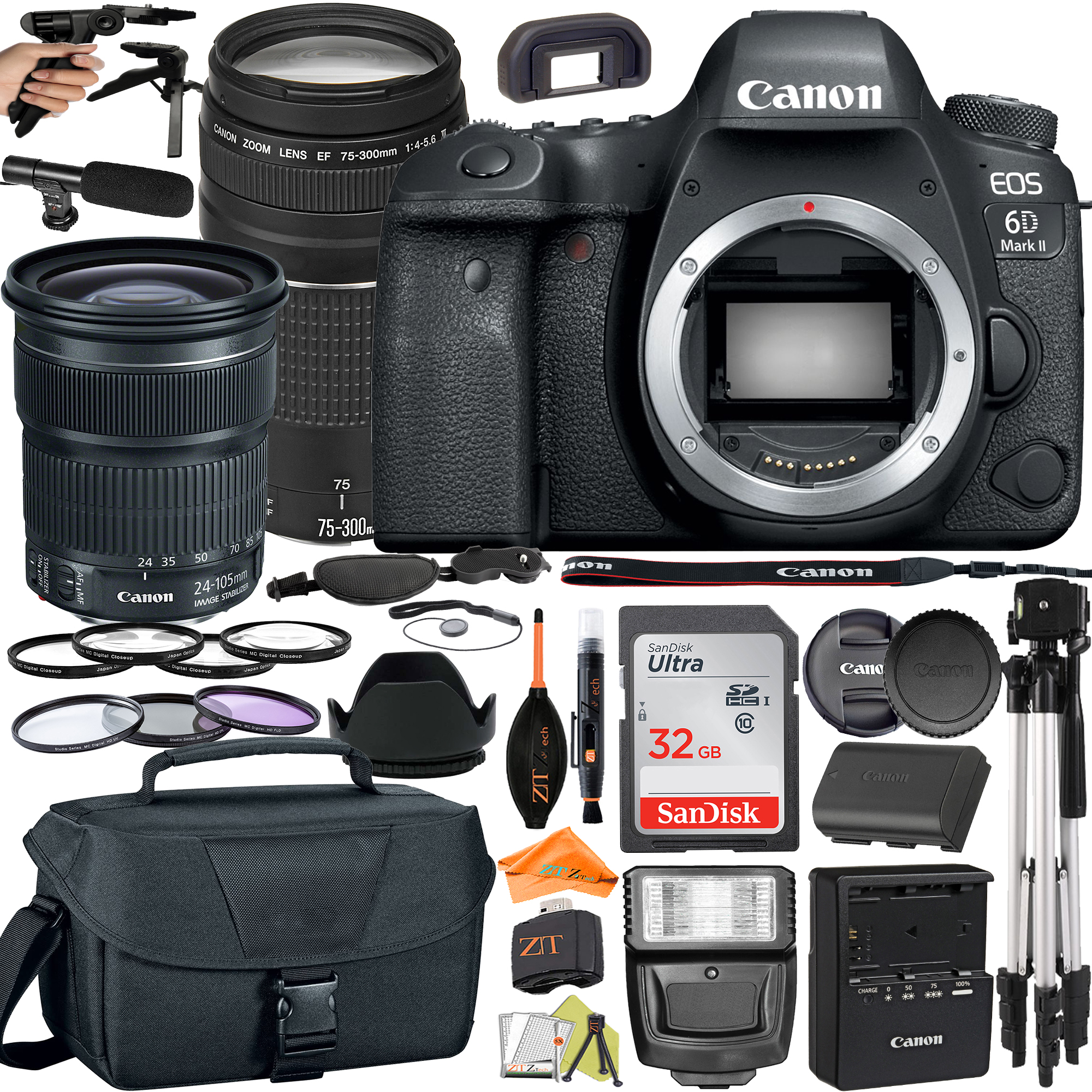 Canon EOS 6D Mark II DSLR Camera with 24-105mm + 75-300mm Lens + SanDisk 32GB + Microphone + Flash + ZeeTech Accessory Bundle