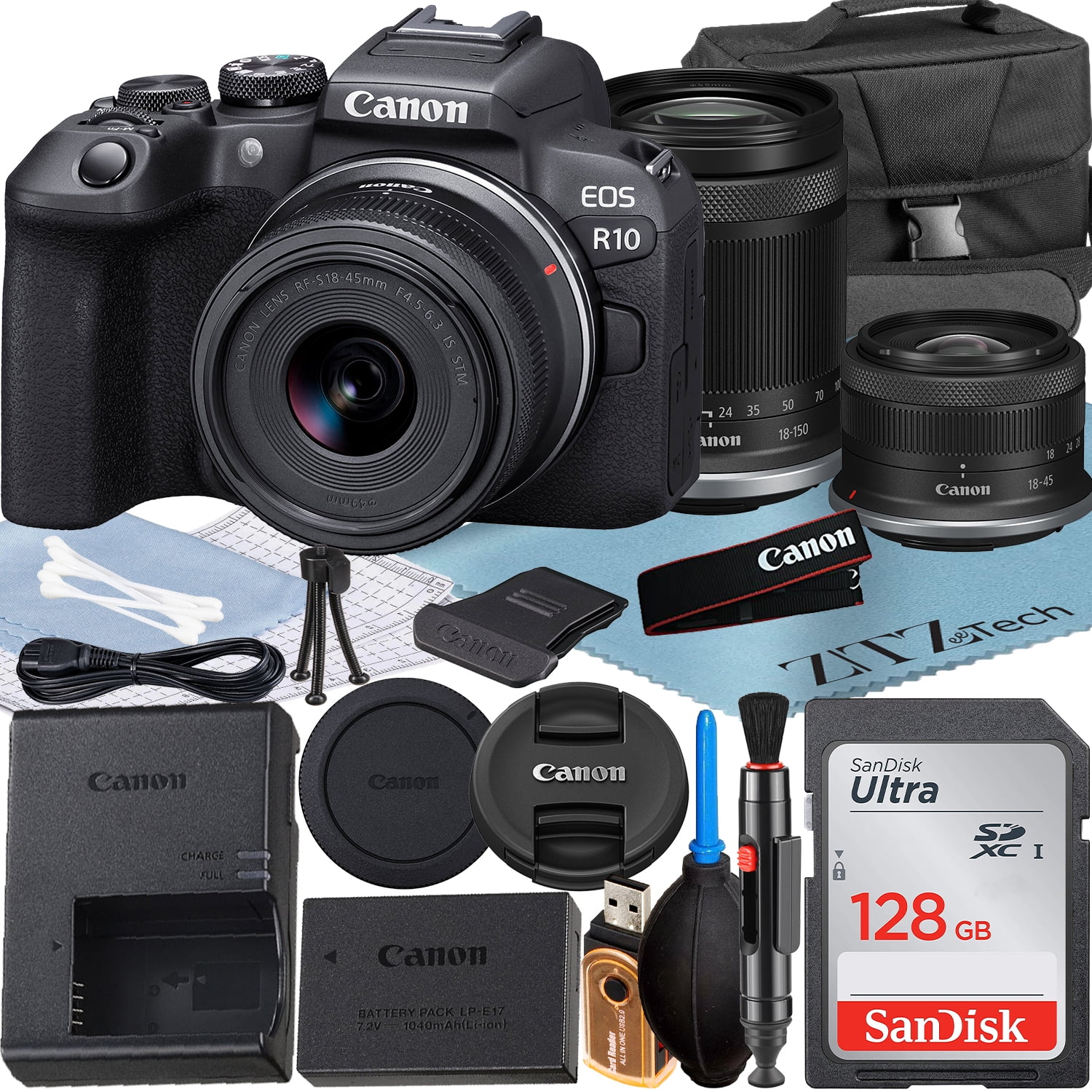 Canon EOS R10 Mirrorless Camera with RF-S 18-45mm + 18-150mm Lens + SanDisk 128GB Memory Card + Case + ZeeTech Accessory Bundle