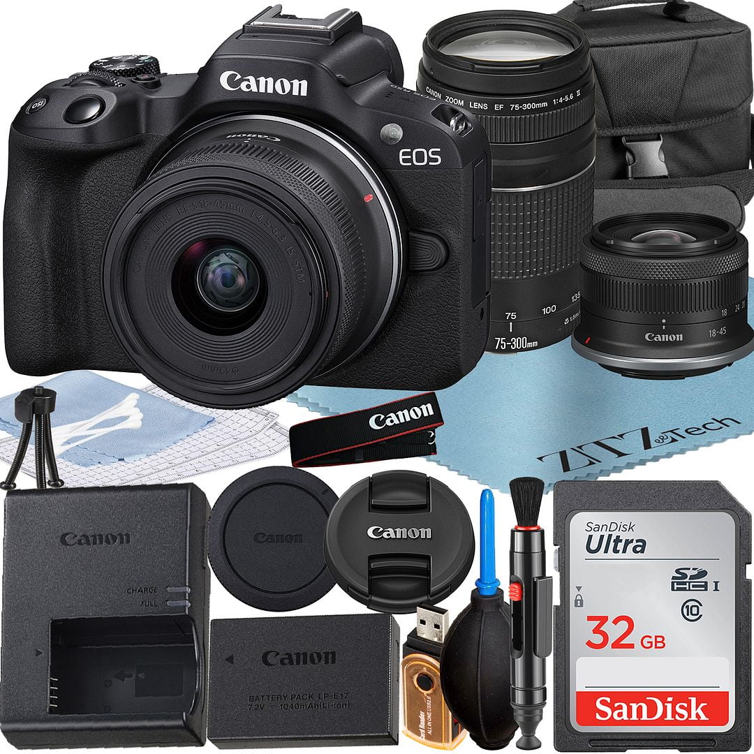 Canon EOS R50 Mirrorless Camera with RF-S 18-45mm + EF 75-300mm Lens + SanDisk 32GB Memory Card + Case + ZeeTech Accessory Bundle