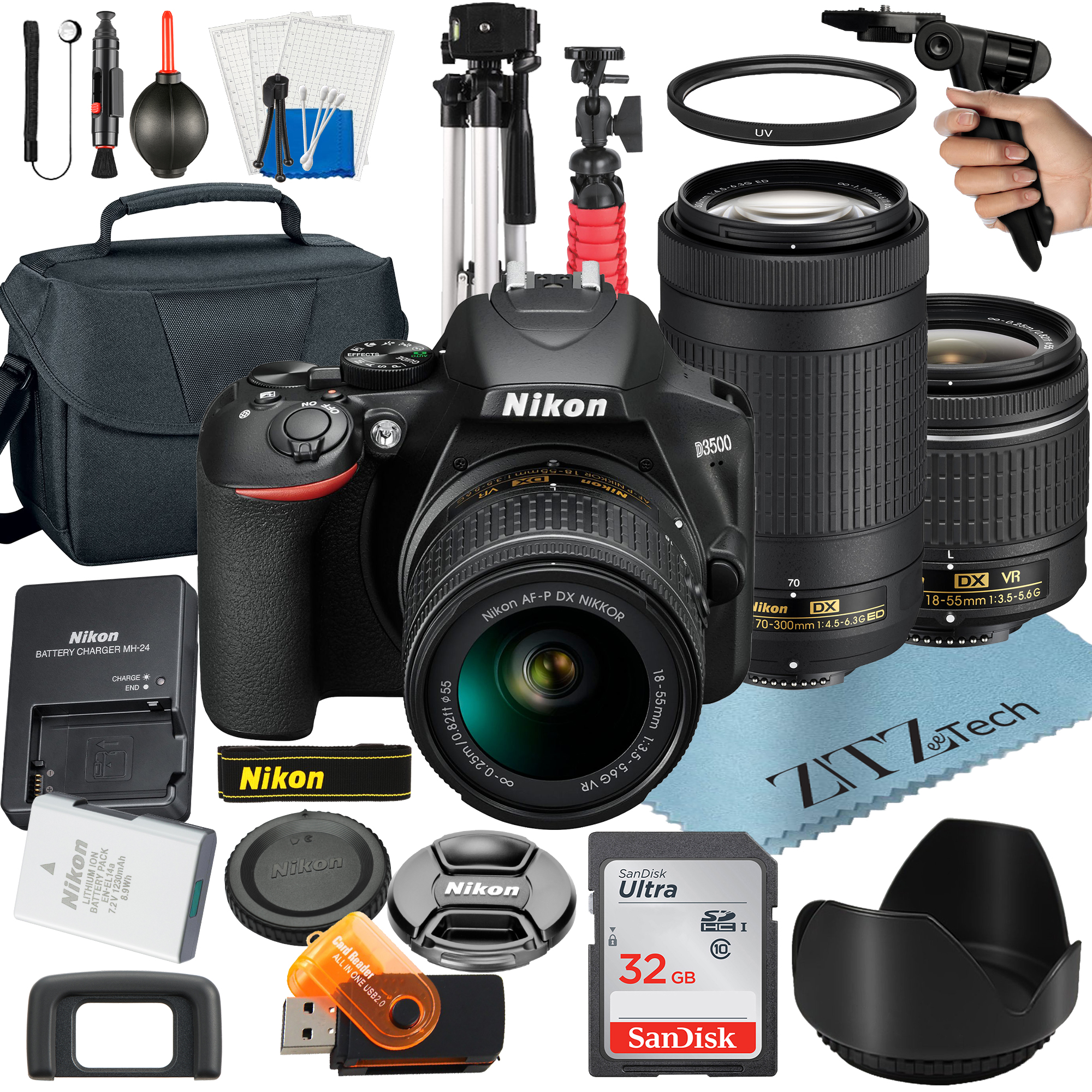 Nikon D3500 DSLR Camera Bundle with NIKKOR 18-55mm Lens + 70-300mm Lens + 32GB SanDisk Card + Case + Tripod + ZeeTech Accessory