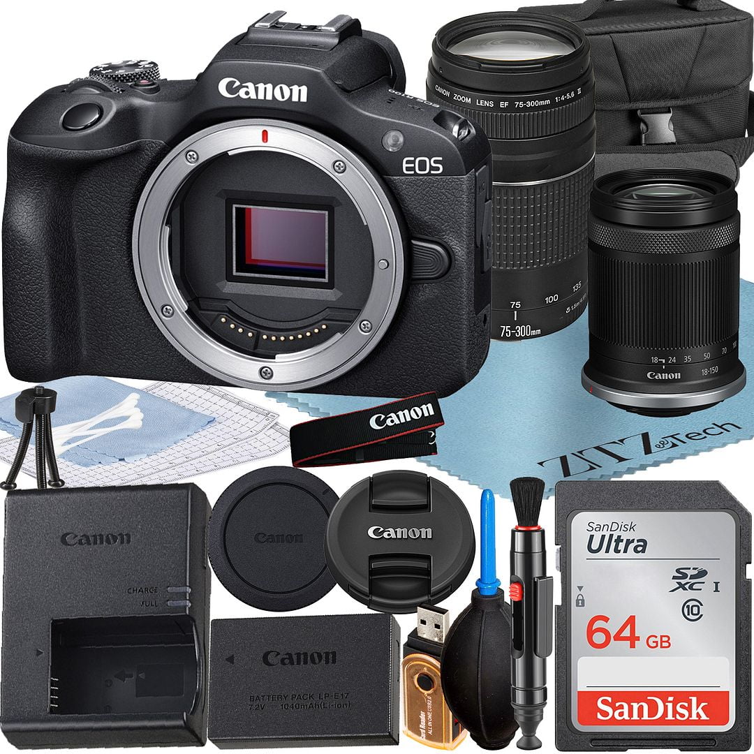 Canon EOS R100 Mirrorless Camera with RF-S 18-150mm + 75-300mm Lens + SanDisk 64GB Memory Card + Case + ZeeTech Accessory Bundle