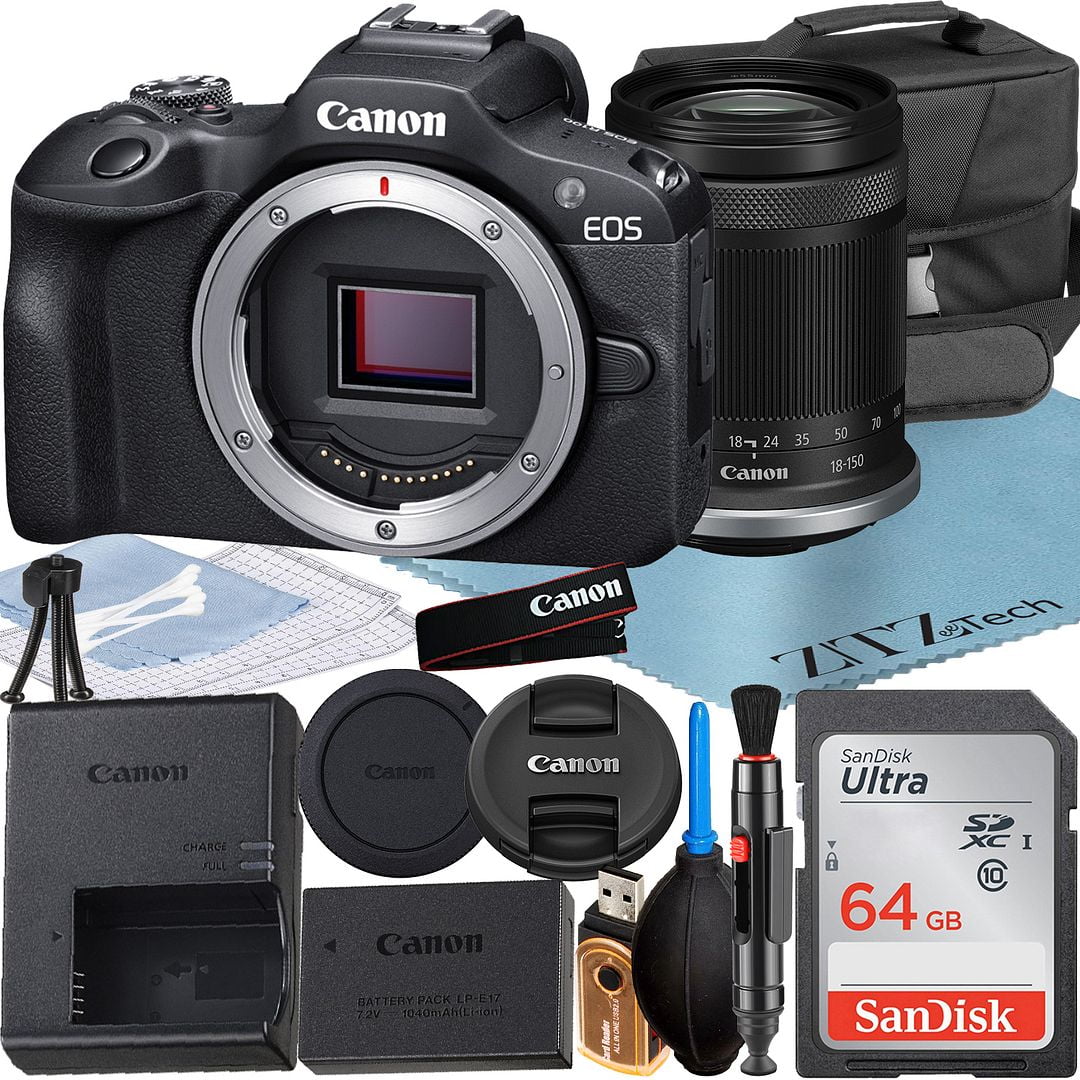 Canon EOS R100 Mirrorless Camera with RF-S 18-150mm Lens + SanDisk 64GB Memory Card + Case + ZeeTech Accessory Bundle