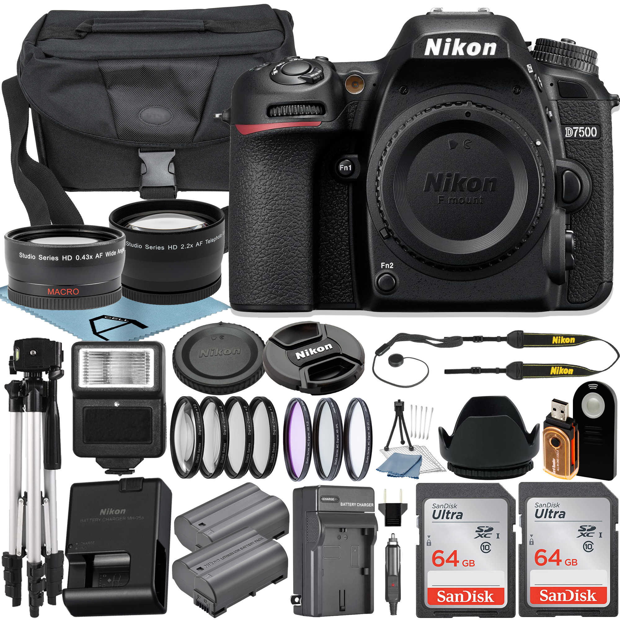 Nikon D7500 DSLR Camera (Body Only) with 2pcs SanDisk 64GB Memory Card + Case + Tripod + Wideangle + Telephoto + A-Cell Accessory Bundle