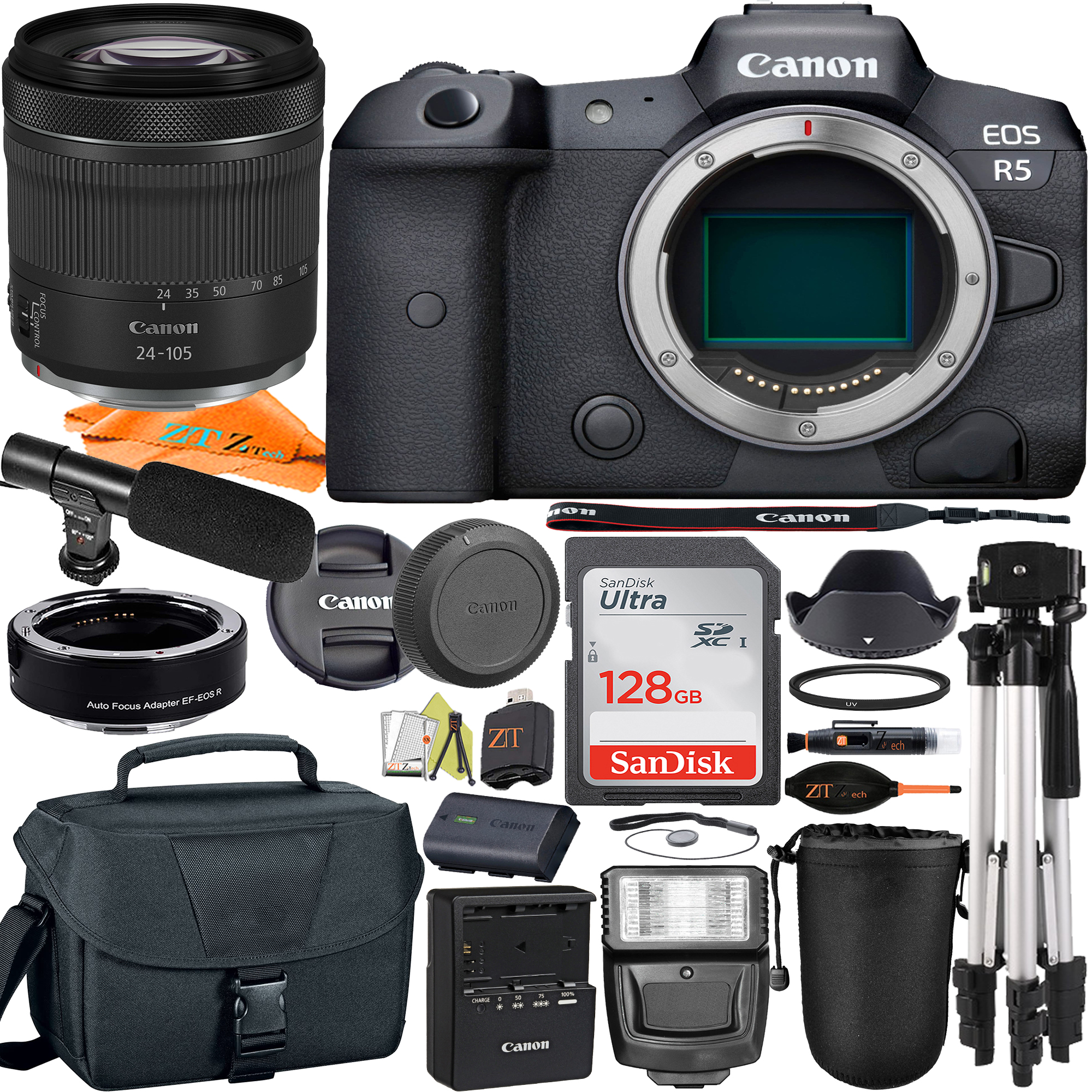 Canon EOS R5 Mirrorless Digital Camera with RF24-105mm Lens + Mount Adapter + SanDisk 128GB + ZeeTech Accessory Bundle