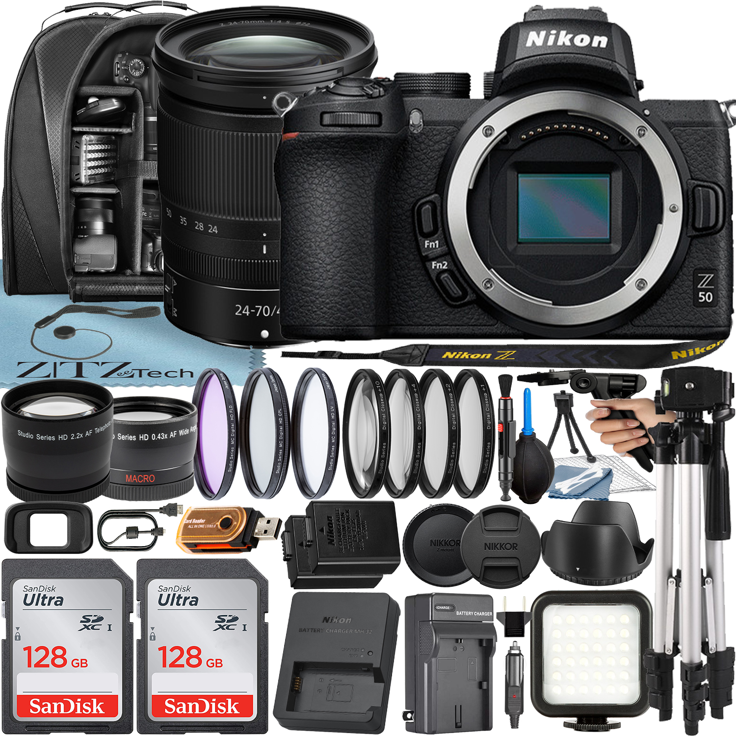 Nikon Z50 Mirrorless Camera with NIKKOR Z 24-70mm f/4 S Lens + 2 Pack 128GB SanDisk Card + Case + Tripod + ZeeTech Accessory Bundle