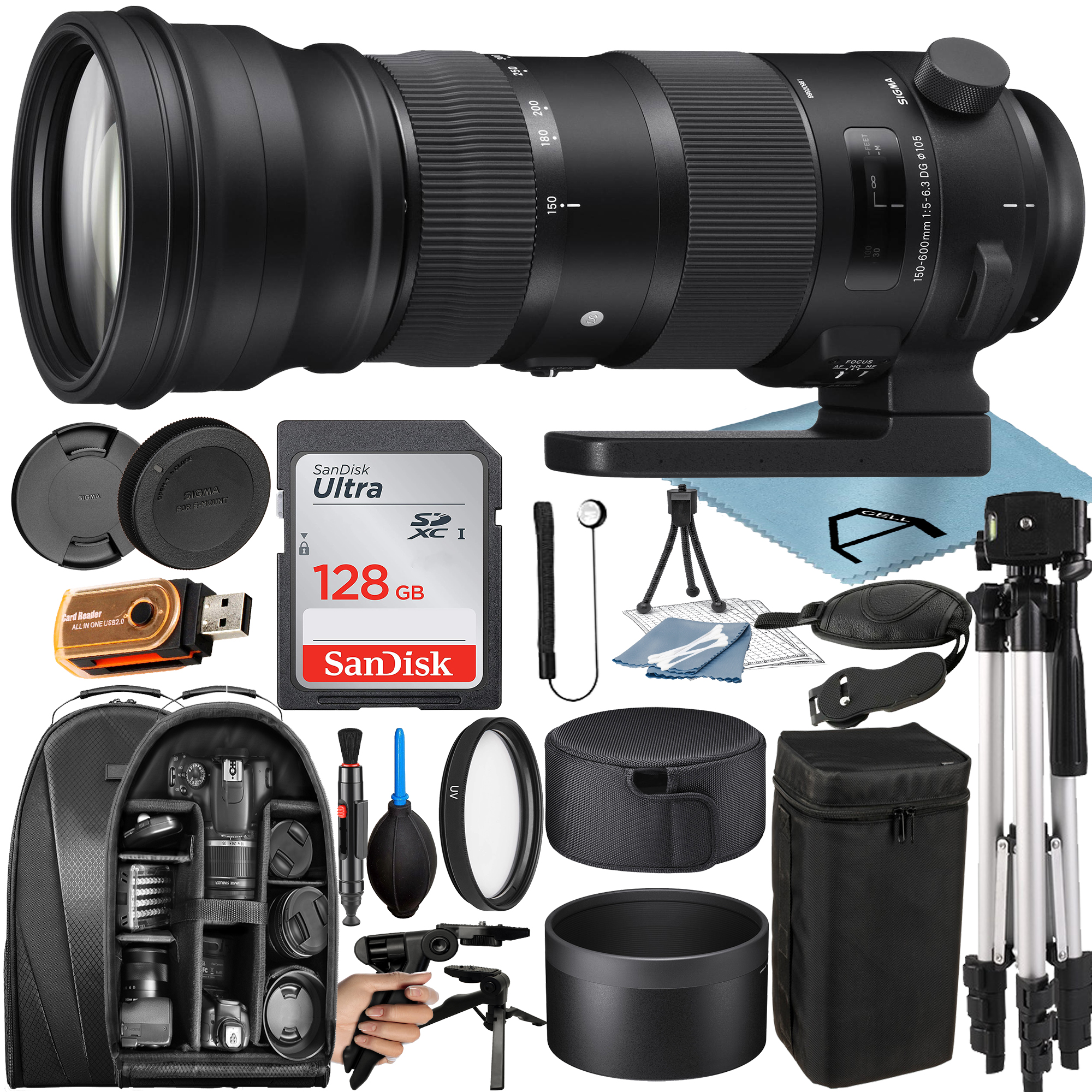 Sigma 150-600mm F/5-6.3 DG OS HSM Sports Lens for Canon EF with 128GB SanDisk Memory Card + Tripod + Backpack + A-Cell Accessory Bundle