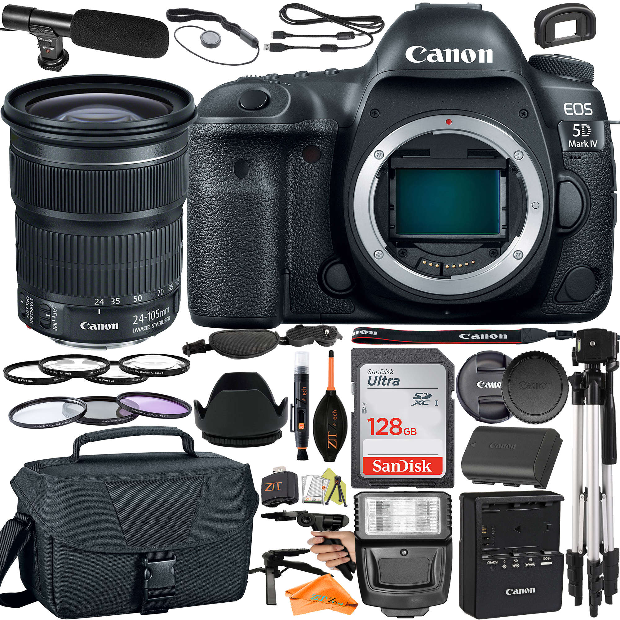 Canon EOS 5D Mark IV DSLR Camera with 24-105mm Lens + SanDisk 128GB + Microphone + Flash + ZeeTech Accessory Bundle