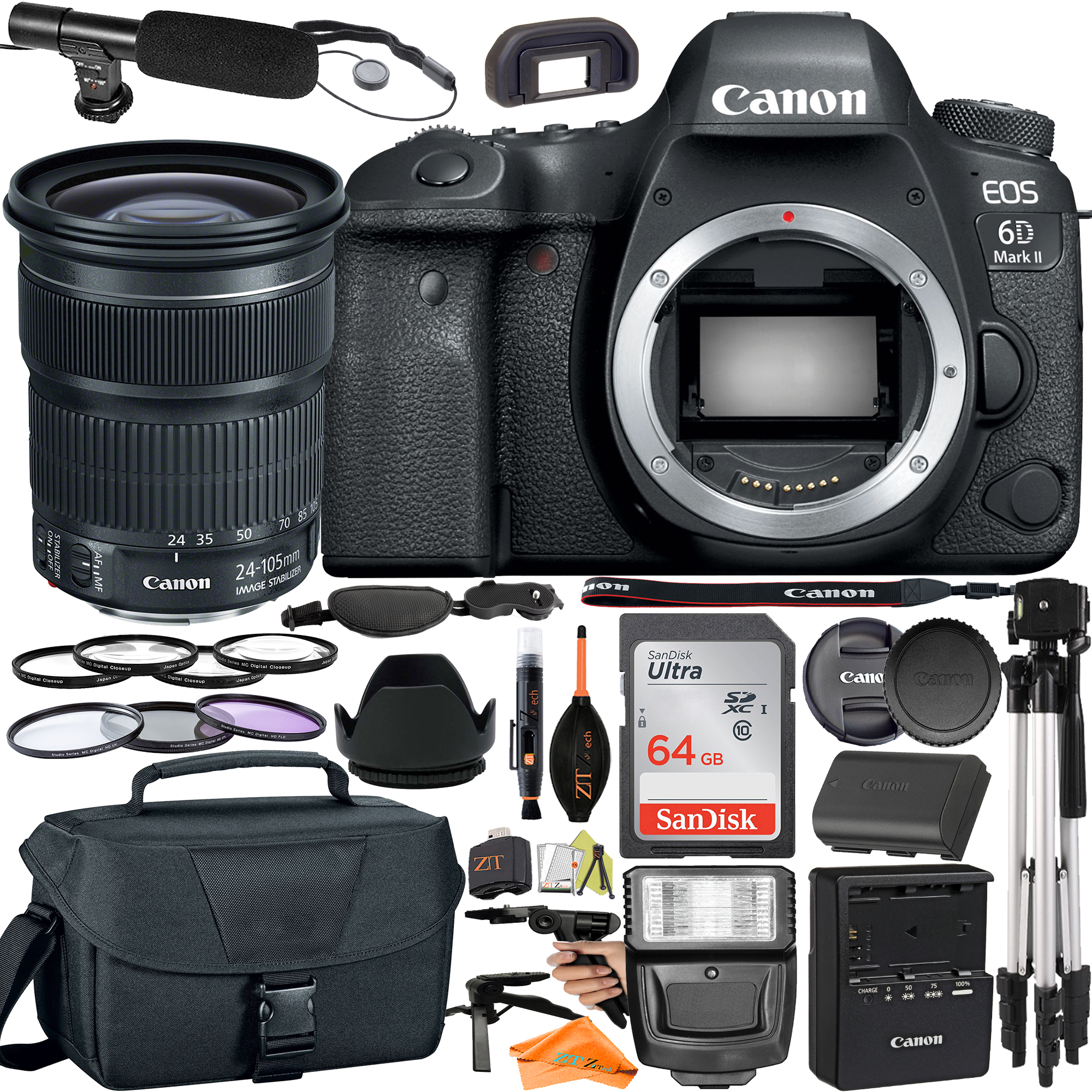 Canon EOS 6D Mark II DSLR Camera with 24-105mm Lens + SanDisk 64GB + Microphone + Flash + ZeeTech Accessory Bundle