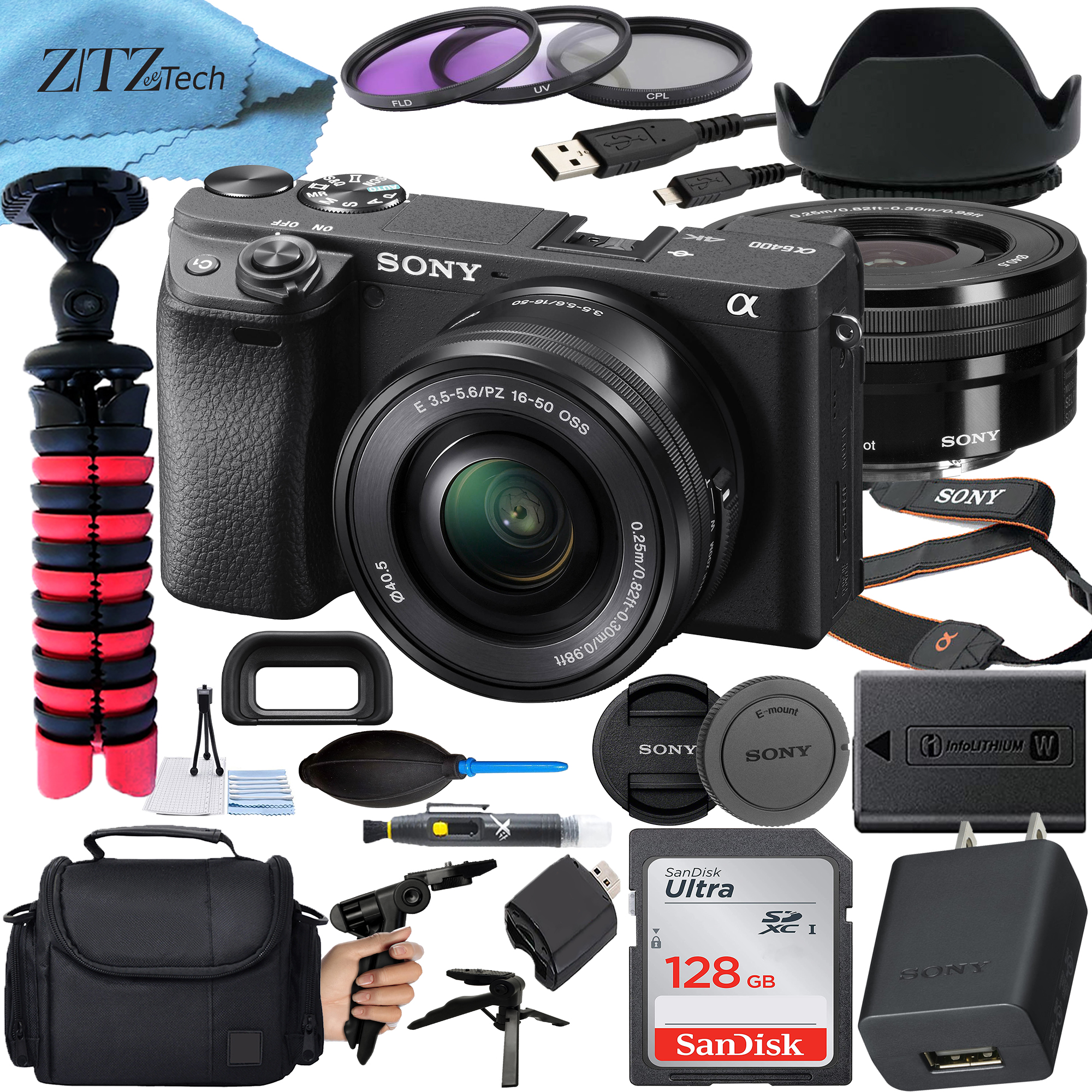 Sony Alpha a6400 Mirrorless Digital Camera with 16-50mm Lens + SanDisk 128GB Card + Tripod + ZeeTech Accessory Bundle