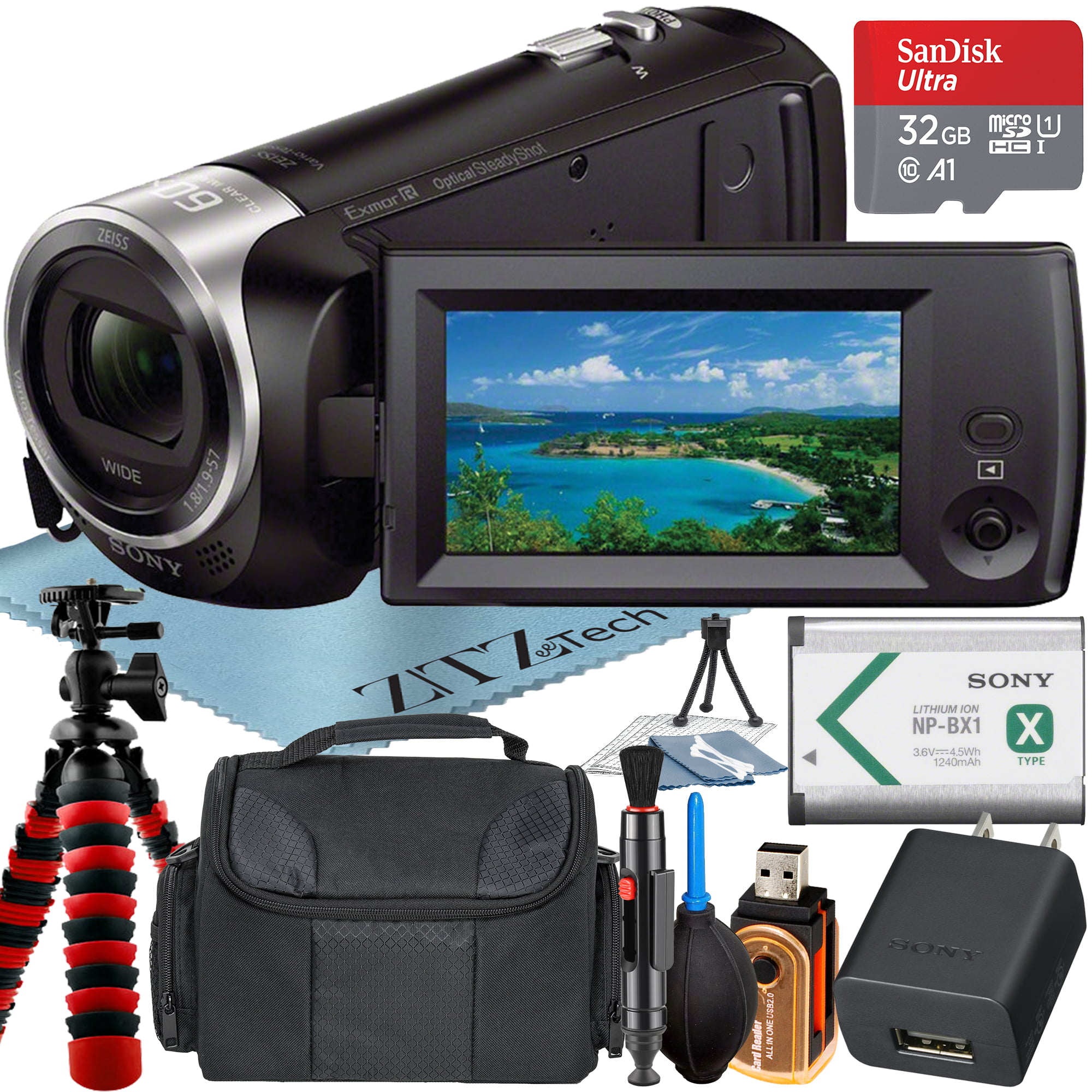 Sony HDR-CX405 HD Handycam Camcorder Video Recording with 32GB Micro SD Memory Card + Case + Tripod + ZeeTech Accessory Bundle