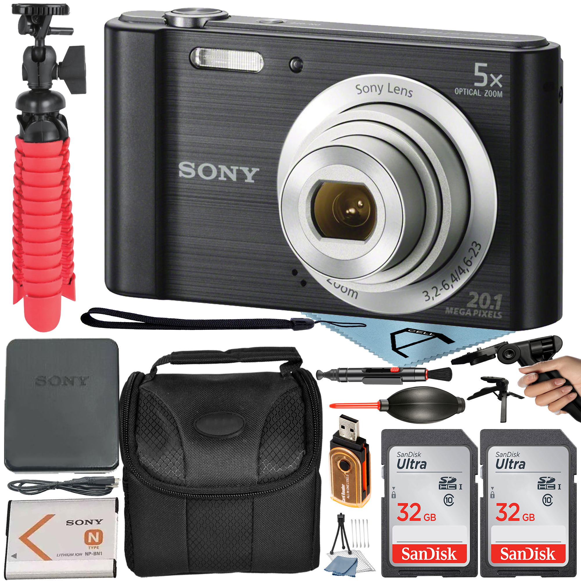 Sony Cyber-Shot DSC-W800 Digital Camera (Black) with Optical 5x + 2 Pack 32GB SanDisk + Case + Tripod + A-Cell Accessory