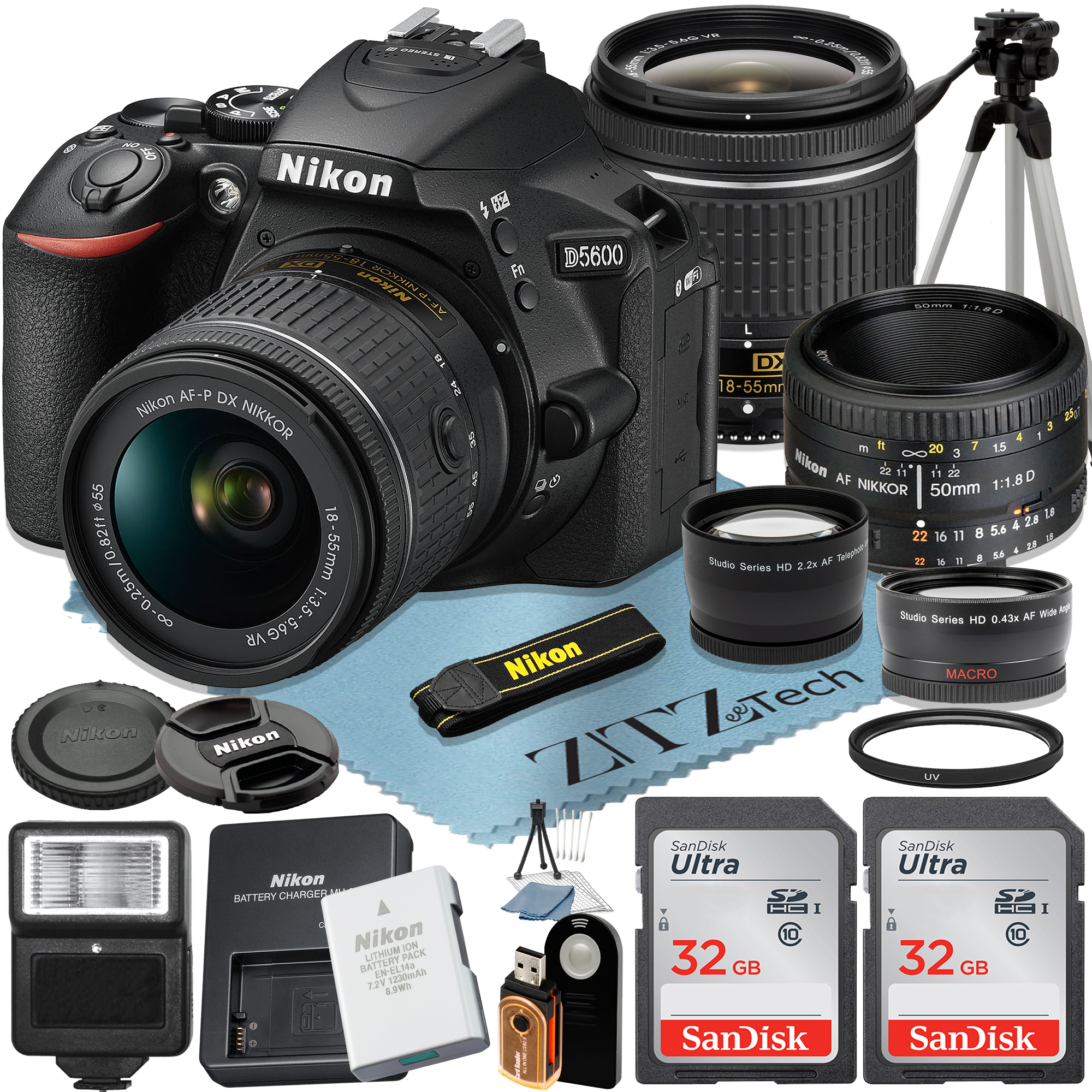 Nikon D5600 DSLR Camera 24.2MP with 18-55mm + AF FX 50mm Lens + 2 Pcs SanDisk 32GB Memory Card + Telephoto + Tripod + ZeeTech Accessory Bundle