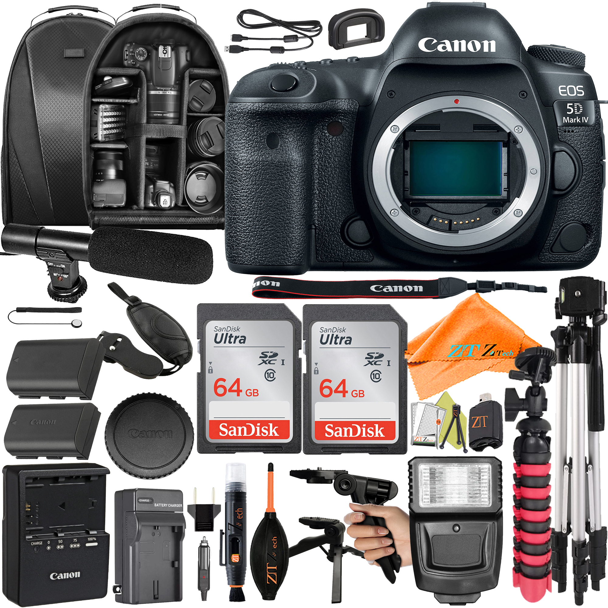 Canon EOS 5D Mark IV DSLR Camera (Body Only) with SanDisk 64GB + Backpack Case + Microphone + ZeeTech Accessory Bundle