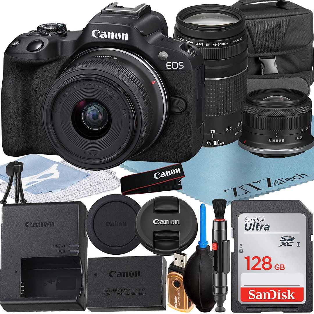 Canon EOS R50 Mirrorless Camera with RF-S 18-45mm + EF 75-300mm Lens + SanDisk 128GB Memory Card + Case + ZeeTech Accessory Bundle