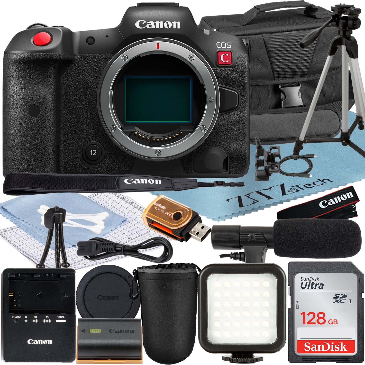 Canon EOS R5 C Mirrorless Cinema Camera (Body) with SanDisk 128GB Memory Card + Case + LED Flash + ZeeTech Accessory Bundle