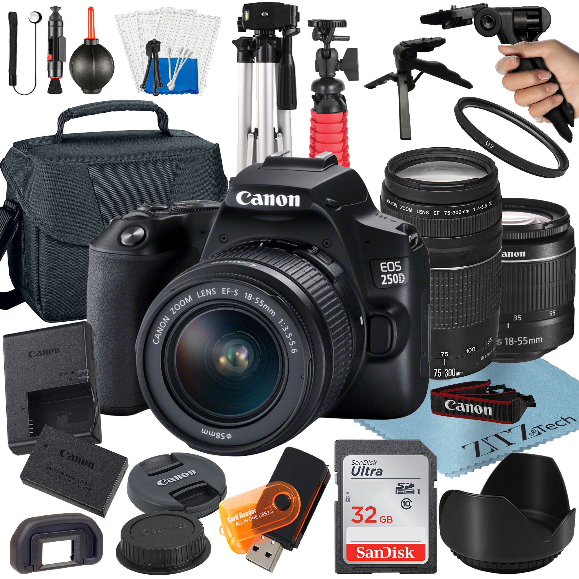Canon EOS 250D / Rebel SL3 DSLR Camera Bundle with 18-55mm + 75-300mm Lens + 32GB SanDisk Card + Case + Tripod + ZeeTech Accessory