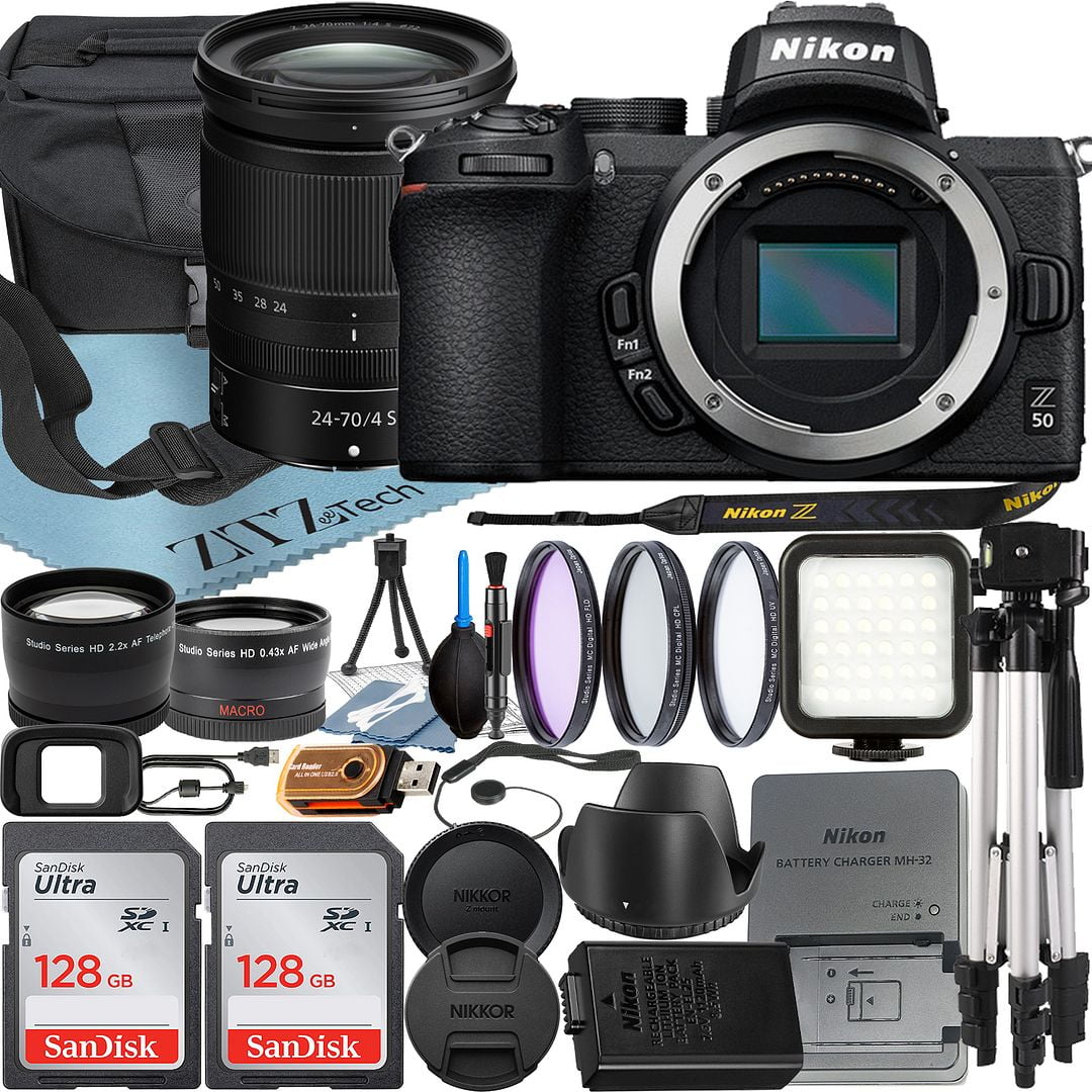 Nikon Z50 Mirrorless Camera with NIKKOR Z 24-70mm f/4 S Lens + SanDisk 128GB Card + Case + Wideangle + Tripod + ZeeTech Accessory Bundle