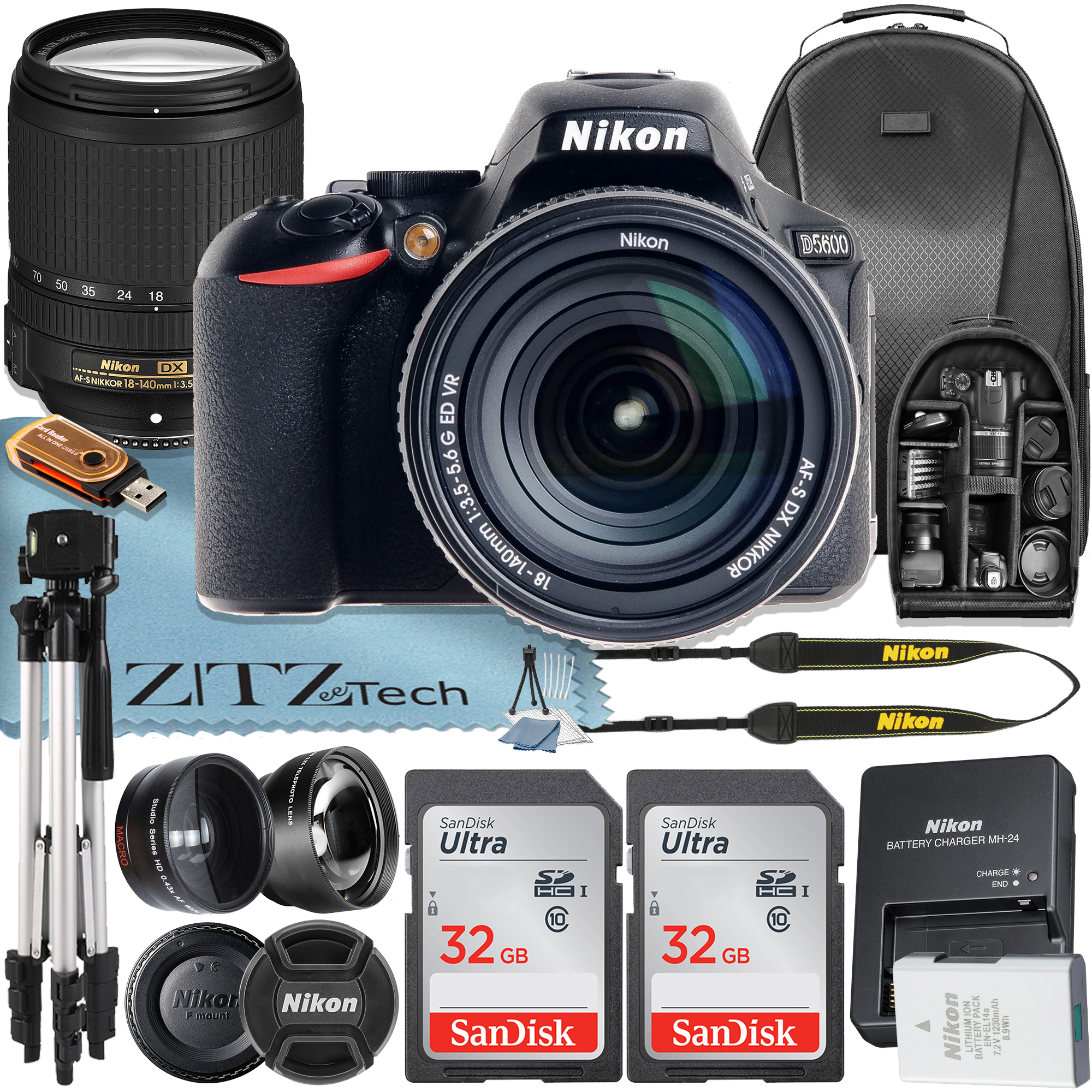 Nikon D5600 DSLR Camera 24.2MP DX-Format with 18-140mm Lens + 2 Pcs SanDisk 32GB Memory Card + Tripod + Backpack + ZeeTech Accessory Bundle