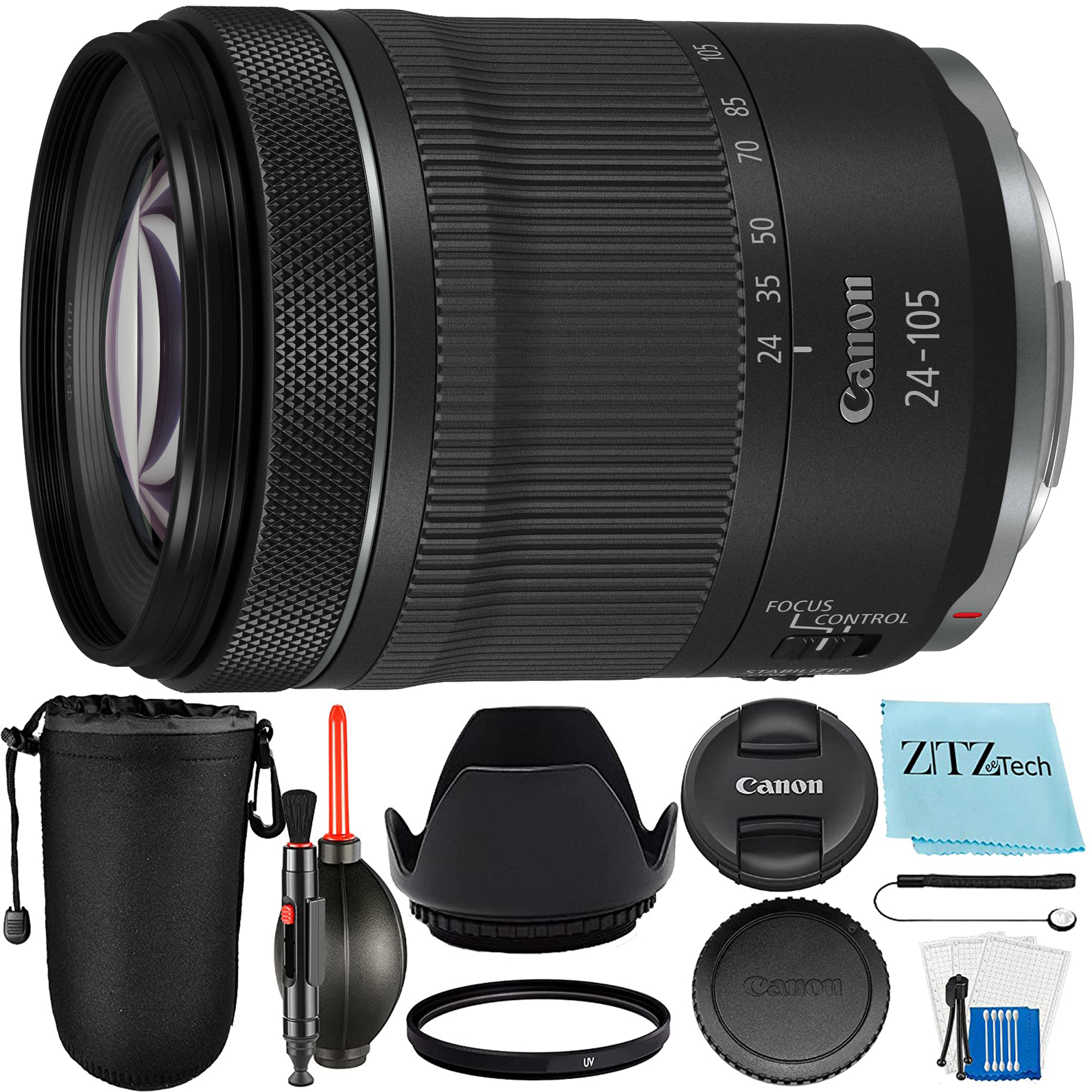 Canon RF 24-105mm f/4-7.1 IS STM Lens + Zeetech Accessory Bundle Package Include: Lens Pouch + Tulip Lens Hood + UV Filter + 2-1 Cleaning Pen + Dust Blower