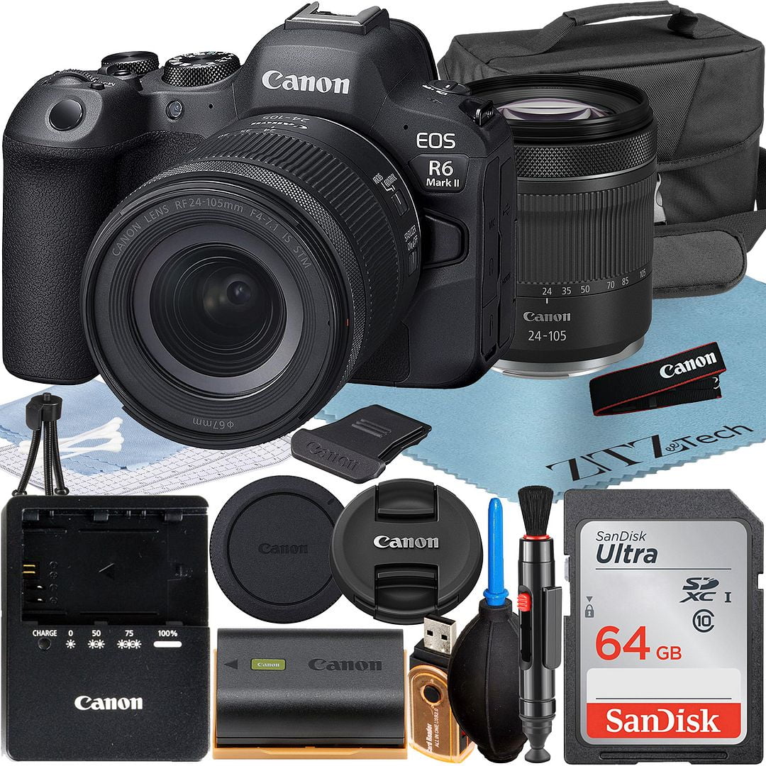 Canon EOS R6 Mark II Mirrorless Camera with RF 24-105mm Lens + SanDisk 64GB Memory Card + Case + LED Flash + ZeeTech Accessory Bundle