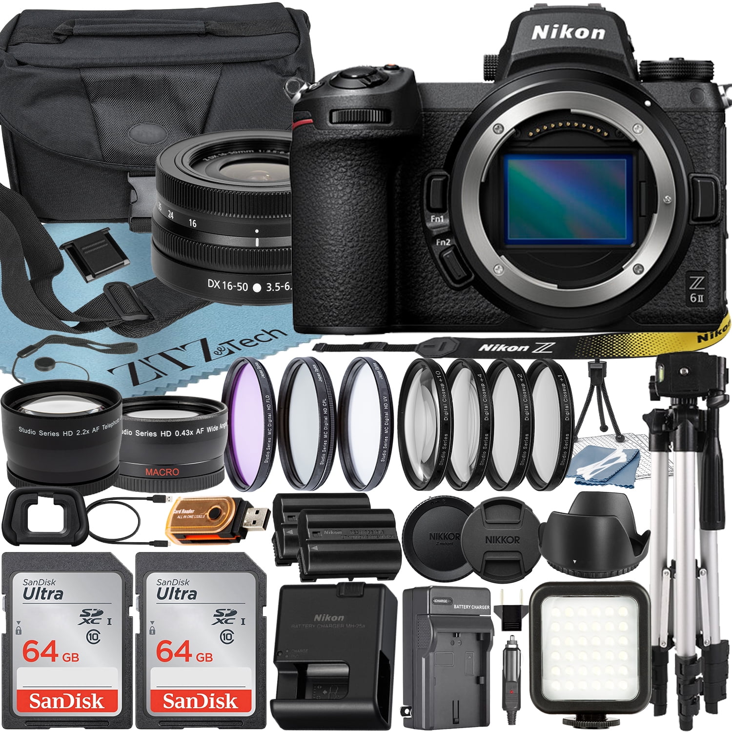 Nikon Z6 II Mirrorless Camera with NIKKOR Z DX 16-50mm VR Zoom Lens + SanDisk 64GB Card + Case + Telephoto + Tripod + ZeeTech Accessory Bundle