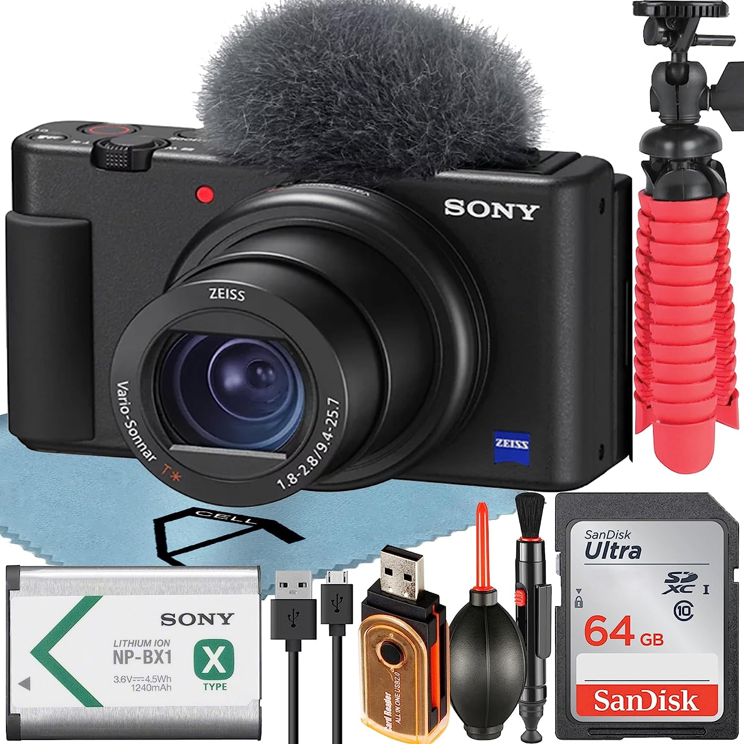 Sony ZV-1 Compact Digital Camera For Content Creators 4K HDR Video with Wind Screen + 64GB Memory Card + Tripod + ZeeTech Accessory Bundle (Black)