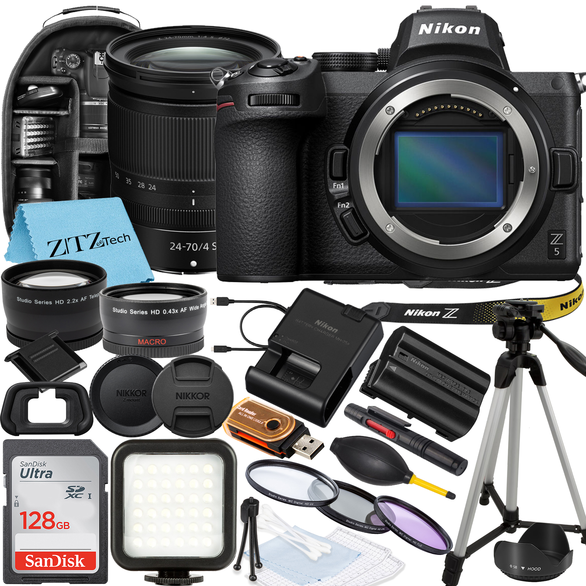 Nikon Z5 Mirrorless Camera with NIKKOR Z 24-70mm f/4 S Lens, SanDisk 128GB Memory Card, Backpack, Flash, Tripod and ZeeTech Accessory Bundle