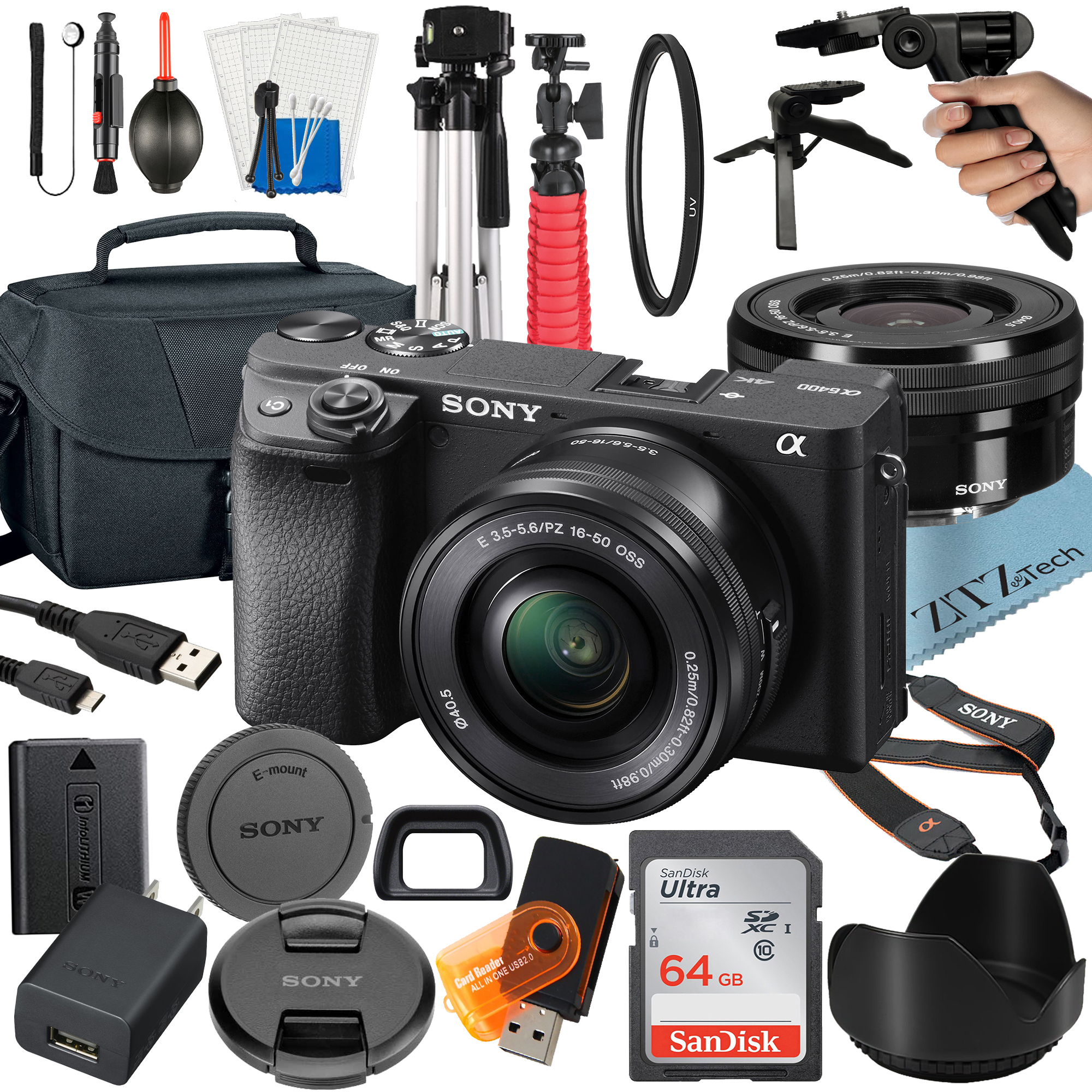 Sony Alpha a6400 Mirrorless Digital Camera with E PZ 16-50mm OSS Lens, 64GB SanDisk Card, Tripod, Case, ZeeTech Accessory Bundle