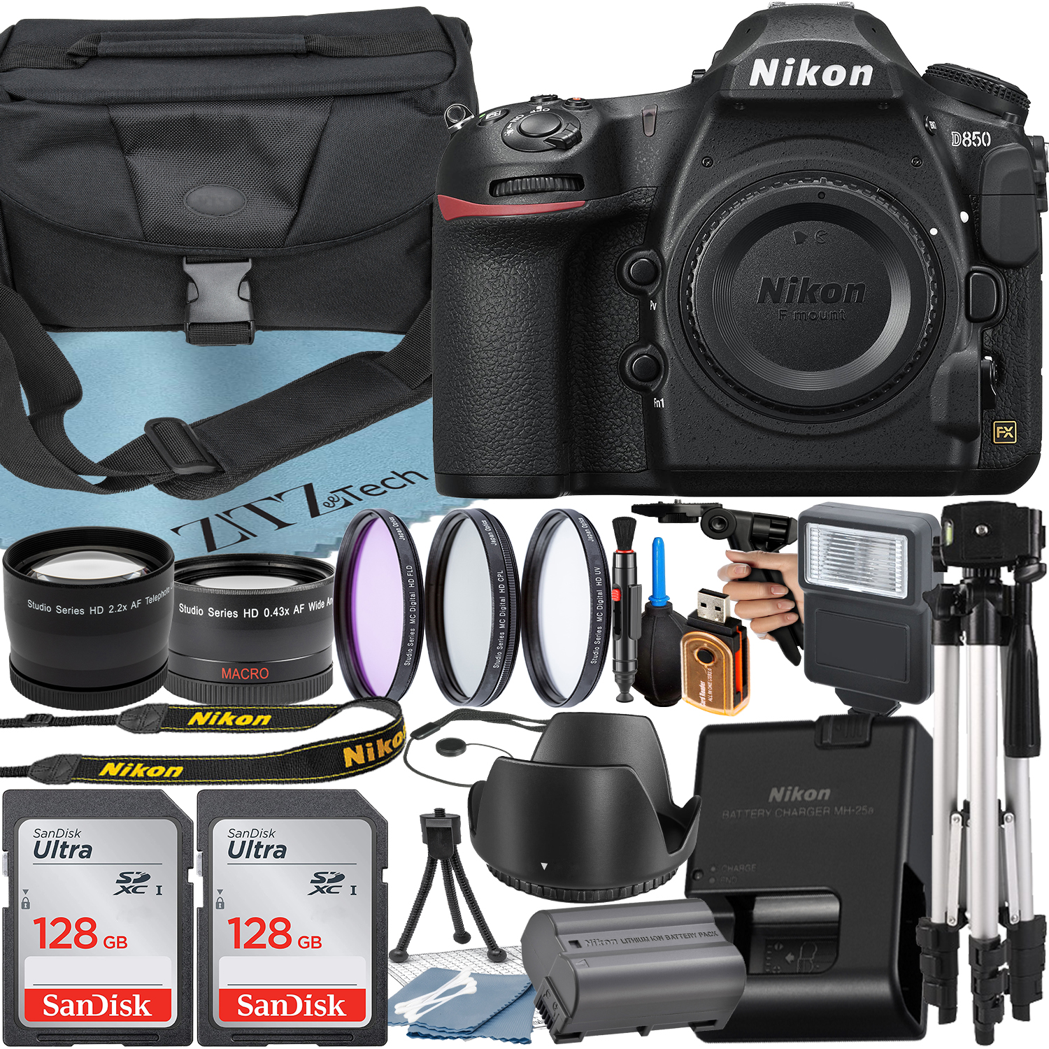 Nikon D850 DSLR Camera (Body Only) with 45.7MP CMOS Sensor + SanDisk 128GB Card + Case + Wideangle + Tripod + ZeeTech Accessory Bundle