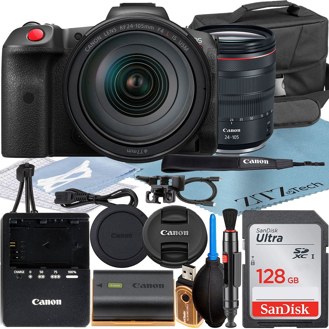 Canon EOS R5 C Mirrorless Cinema Camera with RF 24-105mm Lens + SanDisk 128GB Memory Card + Case + LED Flash+ ZeeTech Accessory Bundle