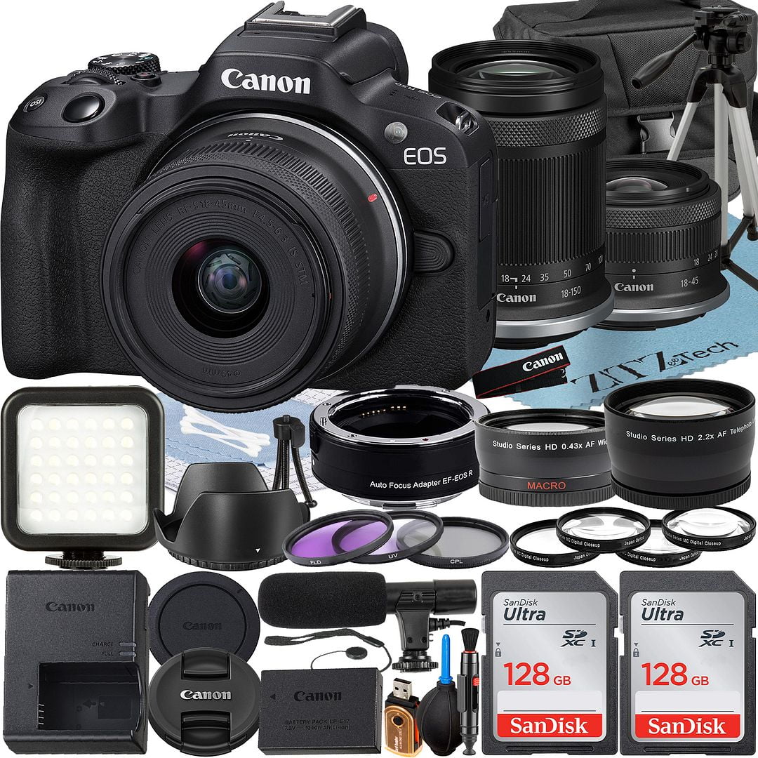 Canon EOS R50 Mirrorless Camera with RF-S 18-45mm + 18-150mm Lens + 2 Pack SanDisk 128GB Memory Card + Case + ZeeTech Accessory