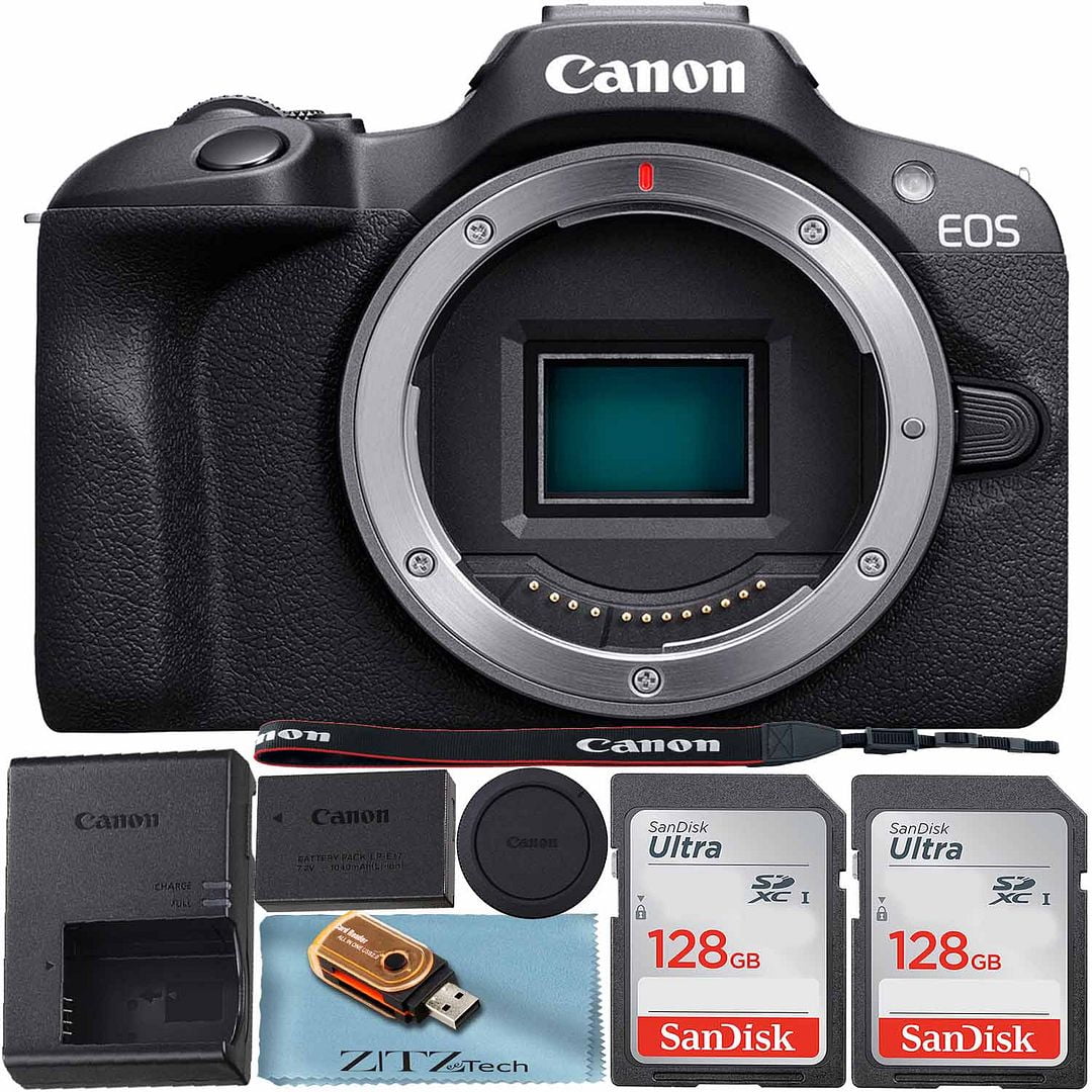 Canon EOS R100 Mirrorless Camera (Body Only) 4K Video Recording with 2 Pack SanDisk 128GB Memory Card + ZeeTech Accessory Bundle