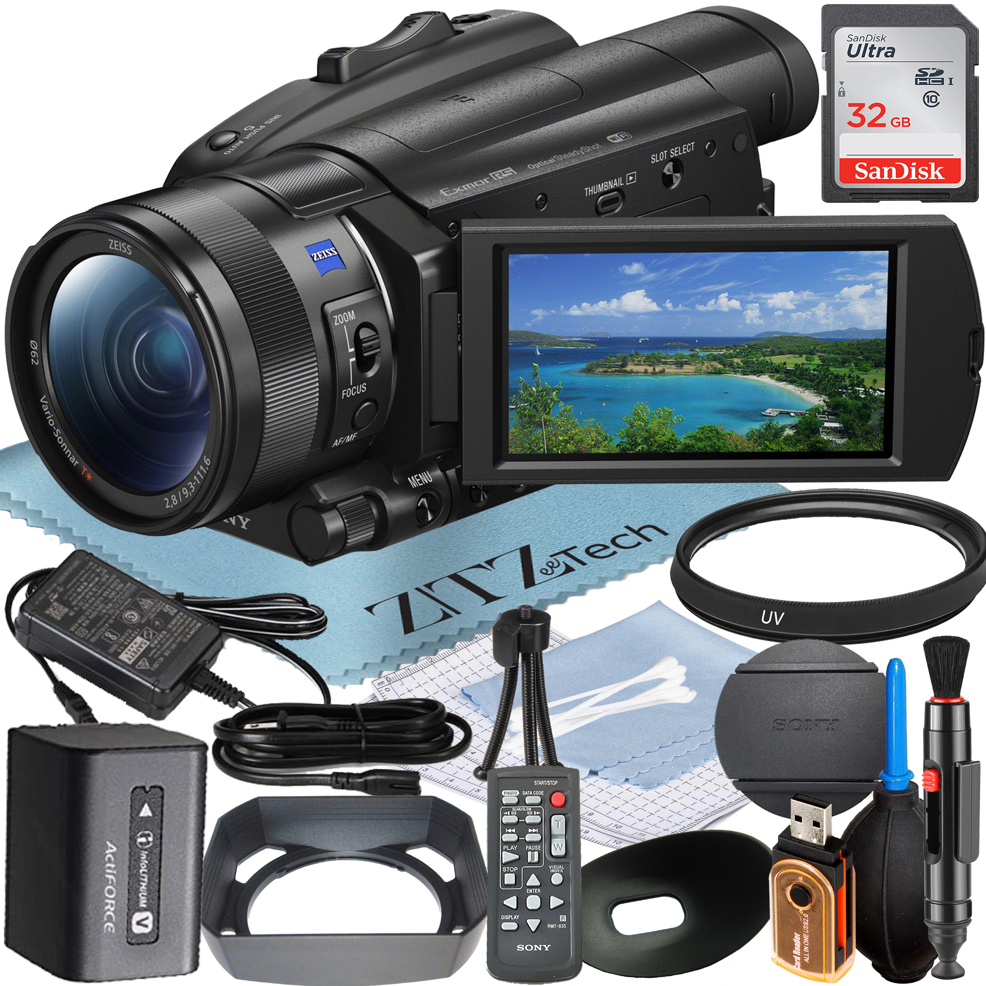 Sony FDR-AX700 4K HDR Camcorder with 32GB SanDisk Memory Card + UV Filter + ZeeTech Accessory Bundle