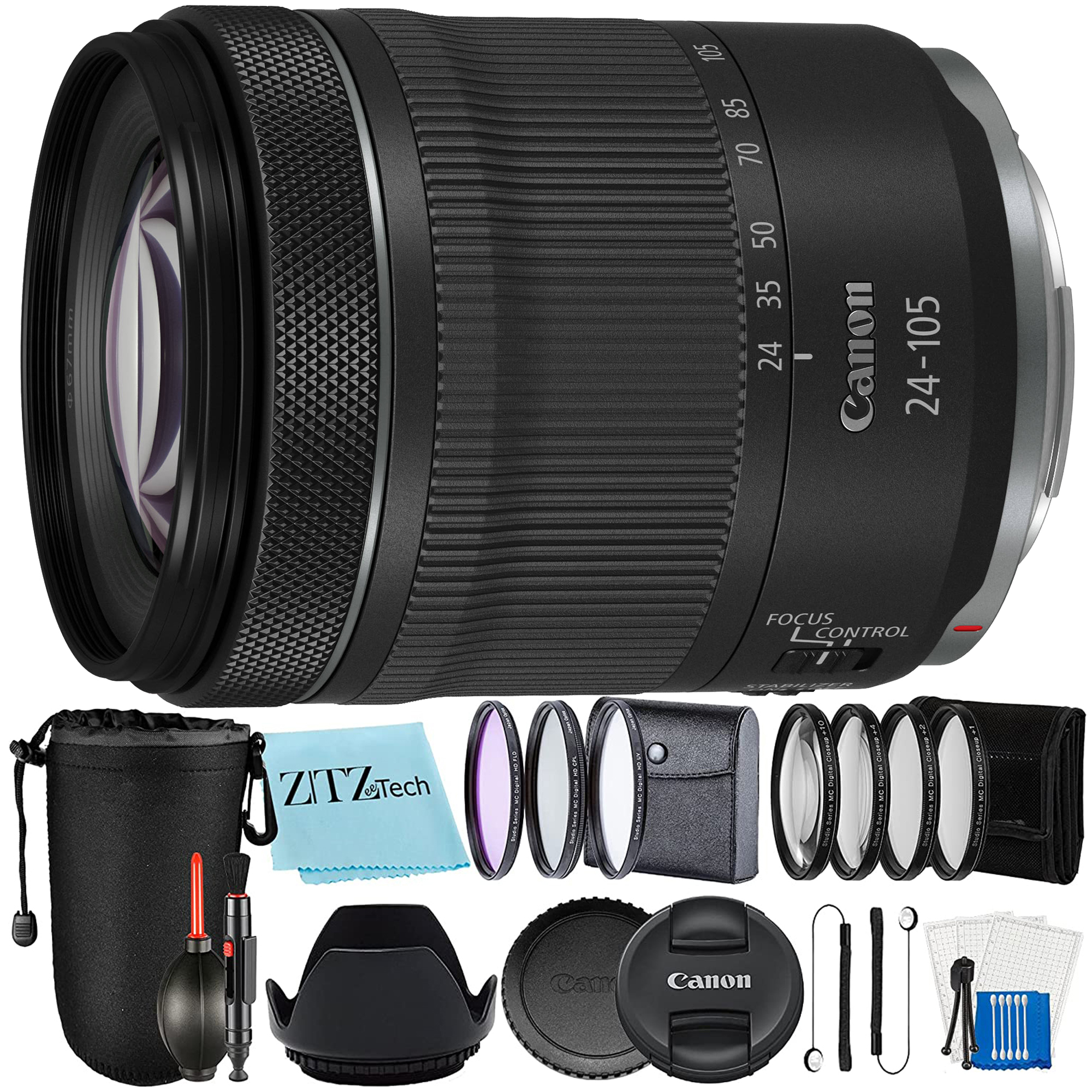 Canon RF 24-105mm f/4-7.1 IS STM Lens + Zeetech Accessory Bundle Package Include: Lens Pouch + Cleaning Pen + Marco Close Up Kit + Filter Kit (UV, CPL, FLD)