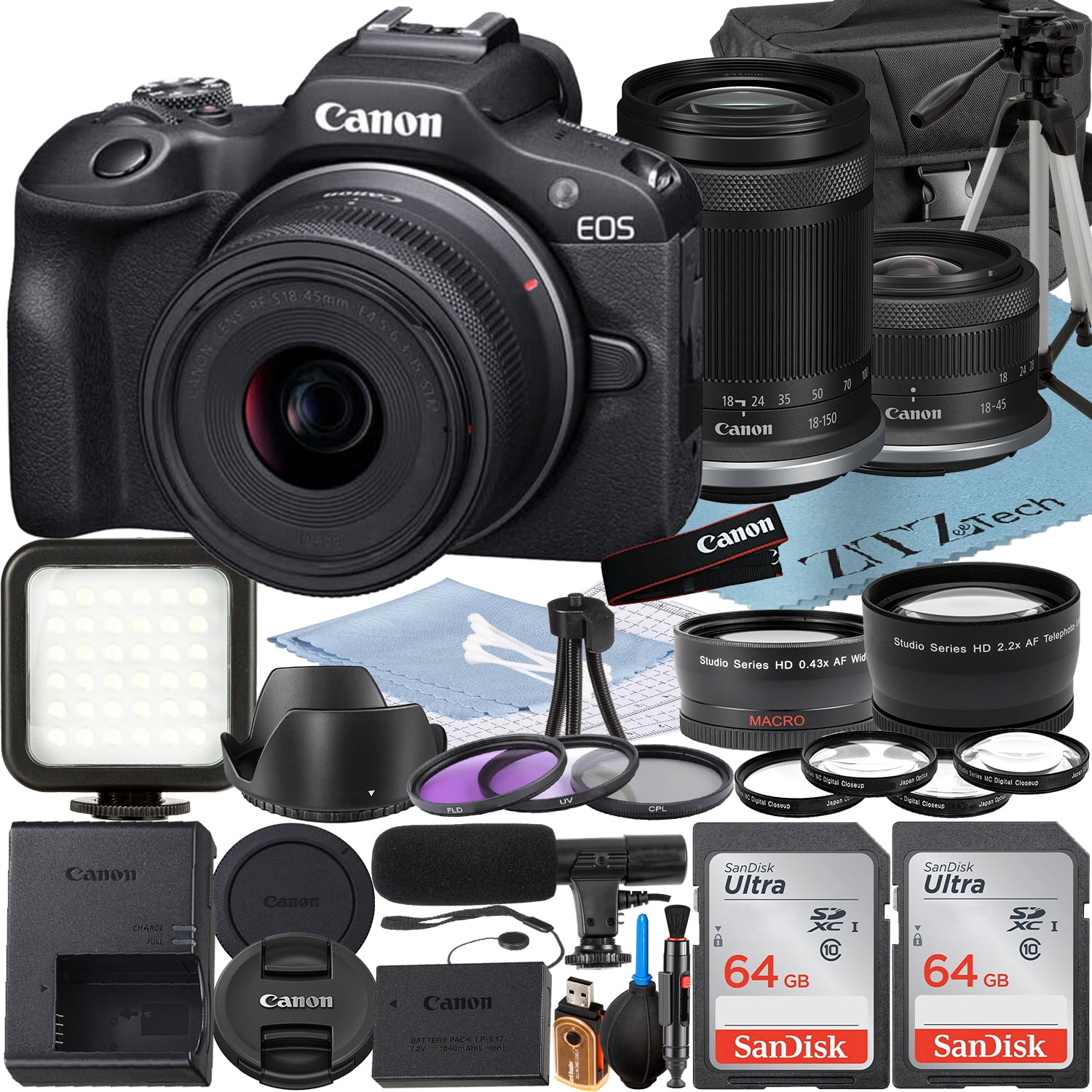 Canon EOS R100 Mirrorless Camera with RF-S 18-45mm + 18-150mm Lens + 2 Pack SanDisk 64GB Memory Card + Case + ZeeTech Accessory