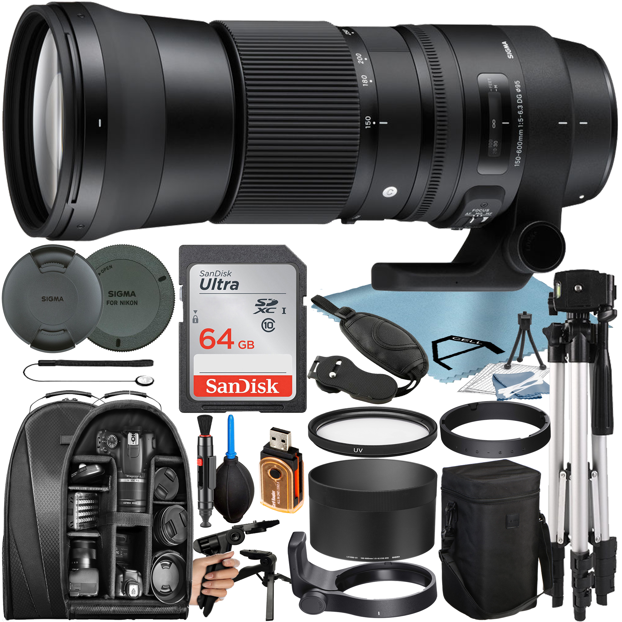 Sigma 150-600mm F/5-6.3 DG OS HSM Contemporary Lens for Nikon F with 64GB SanDisk Memory Card + Tripod + Backpack + A-Cell Accessory Bundle