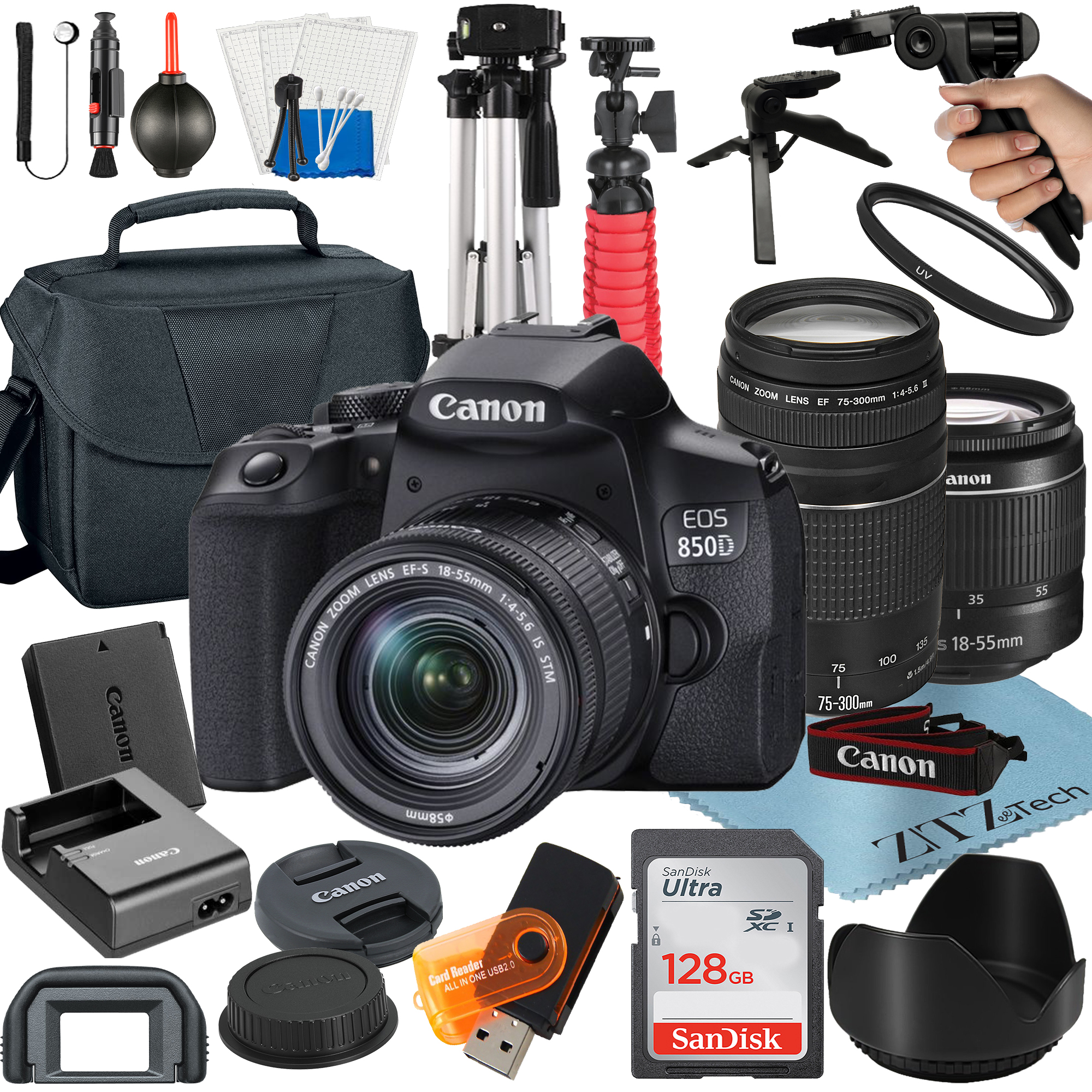 Canon EOS 850D / Rebel T8i DSLR Camera Bundle with 18-55mm + 75-300mm Lens + 128GB SanDisk Card + Case + Tripod + ZeeTech Accessory