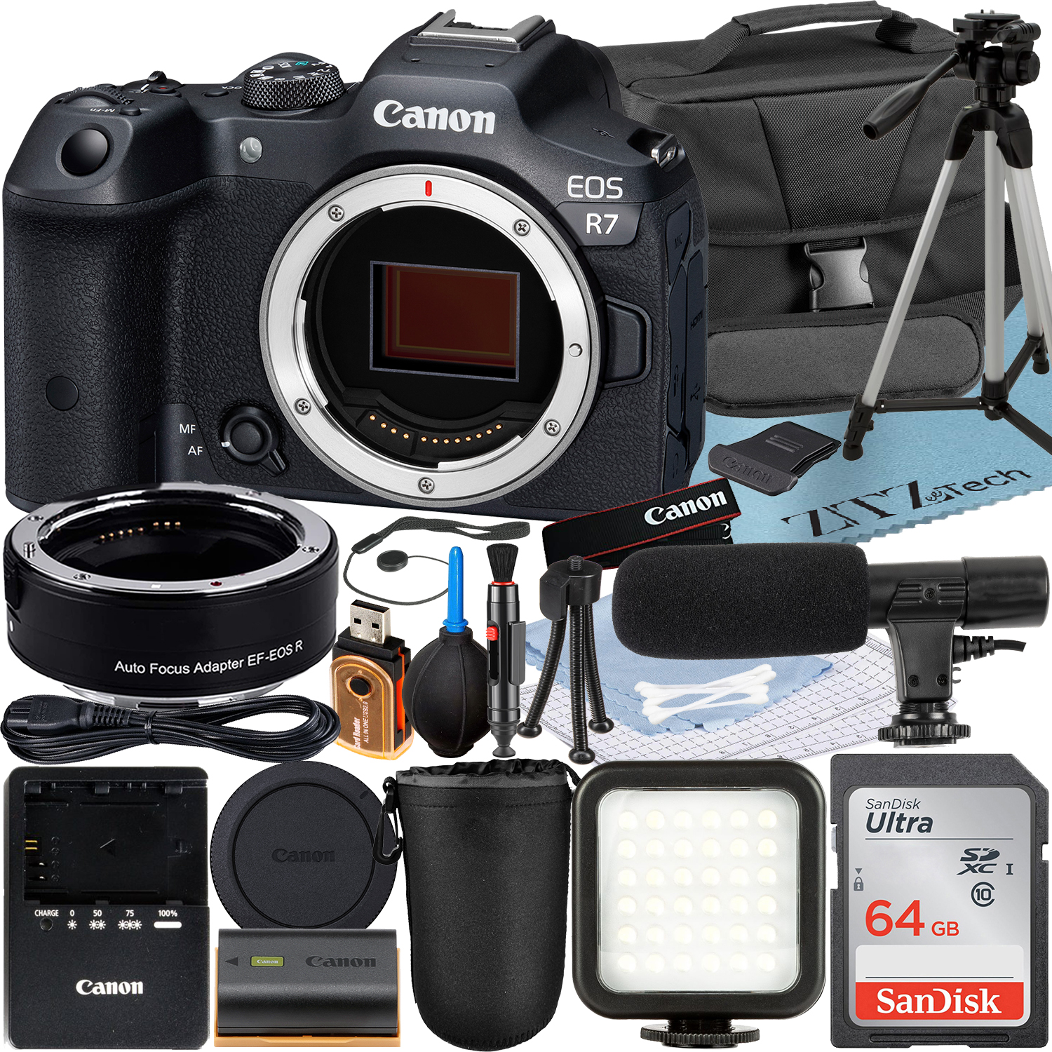 Canon EOS R7 Mirrorless Camera (Body) with Mount Adapter + SanDisk 64GB Memory Card + Case + LED Flash + ZeeTech Accessory Bundle