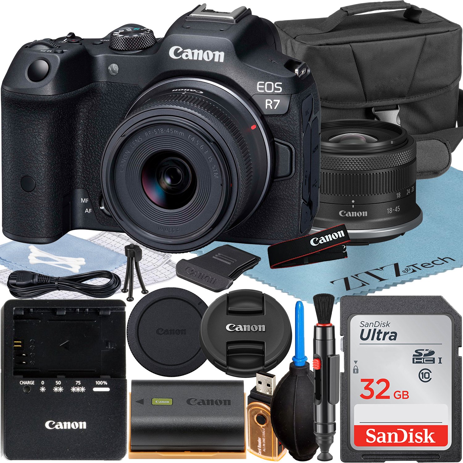 Canon EOS R7 Mirrorless Camera with RF-S 18-45mm Lens + SanDisk 32GB Memory Card + Case + ZeeTech Accessory Bundle