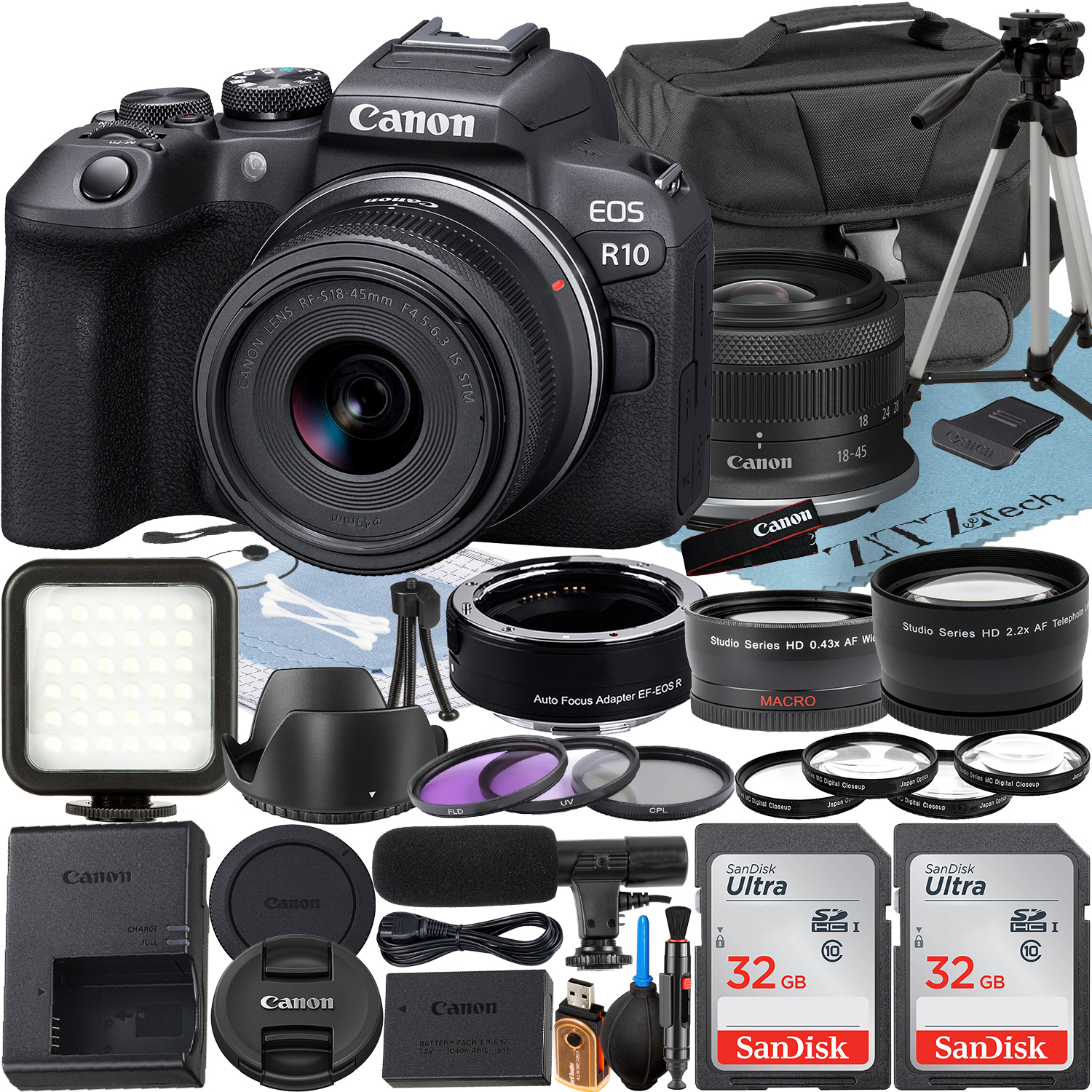 Canon EOS R10 Mirrorless Camera with RF-S 18-45mm Lens + Mount Adapter + 2 Pack SanDisk 32GB Memory Card + Case + ZeeTech Accessory