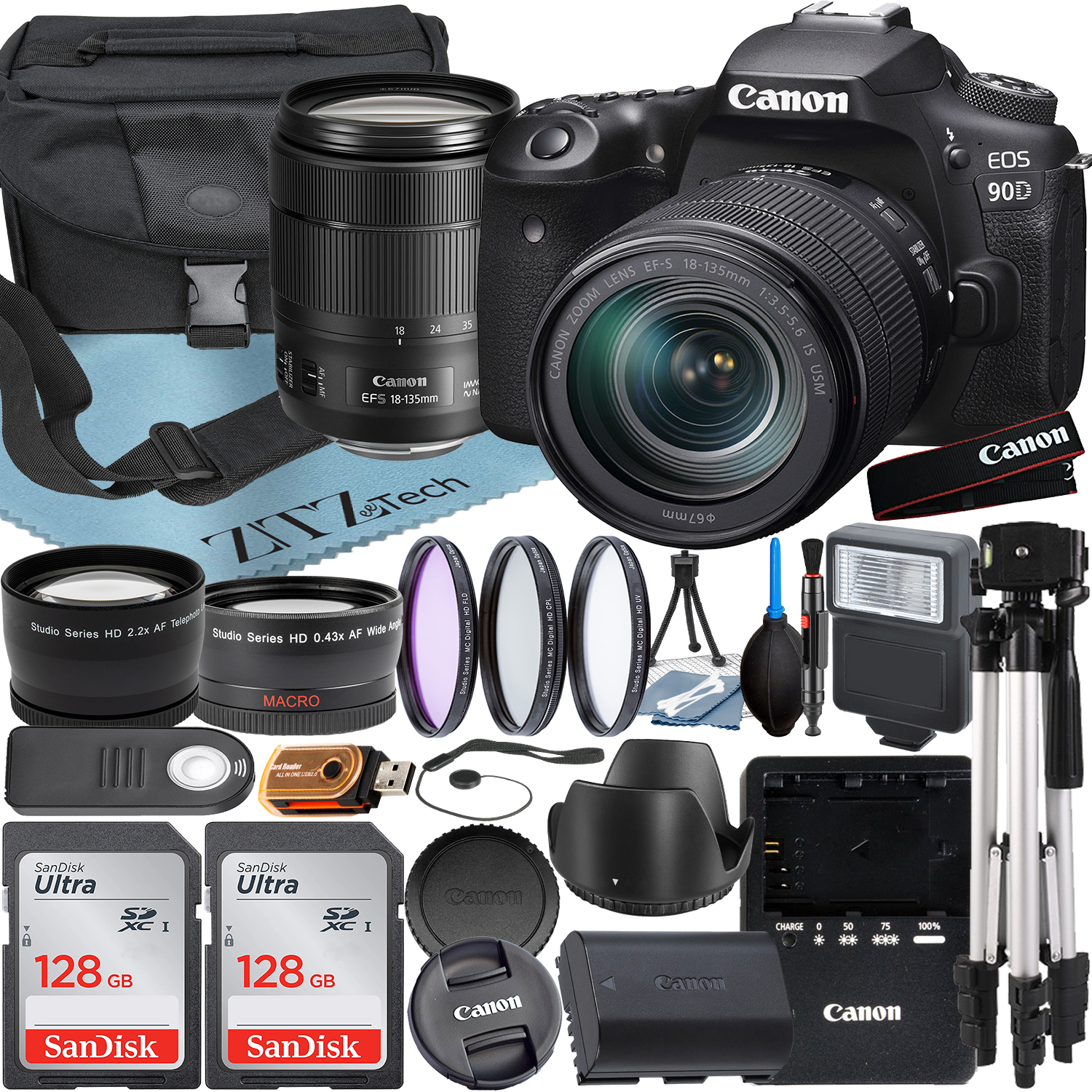 Canon EOS 90D DSLR Camera with 18-135mm IS USM Lens + SanDisk 128GB Card + Case + Wideangle + Tripod + ZeeTech Accessory Bundle