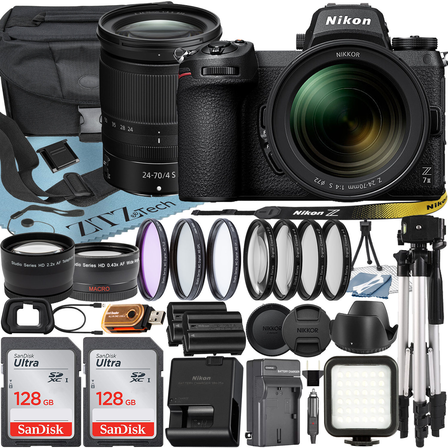 Nikon Z7 II Mirrorless Camera with NIKKOR Z 24-70mm f/4 S Lens + SanDisk 128GB Card + Case + Telephoto + Tripod + ZeeTech Accessory Bundle