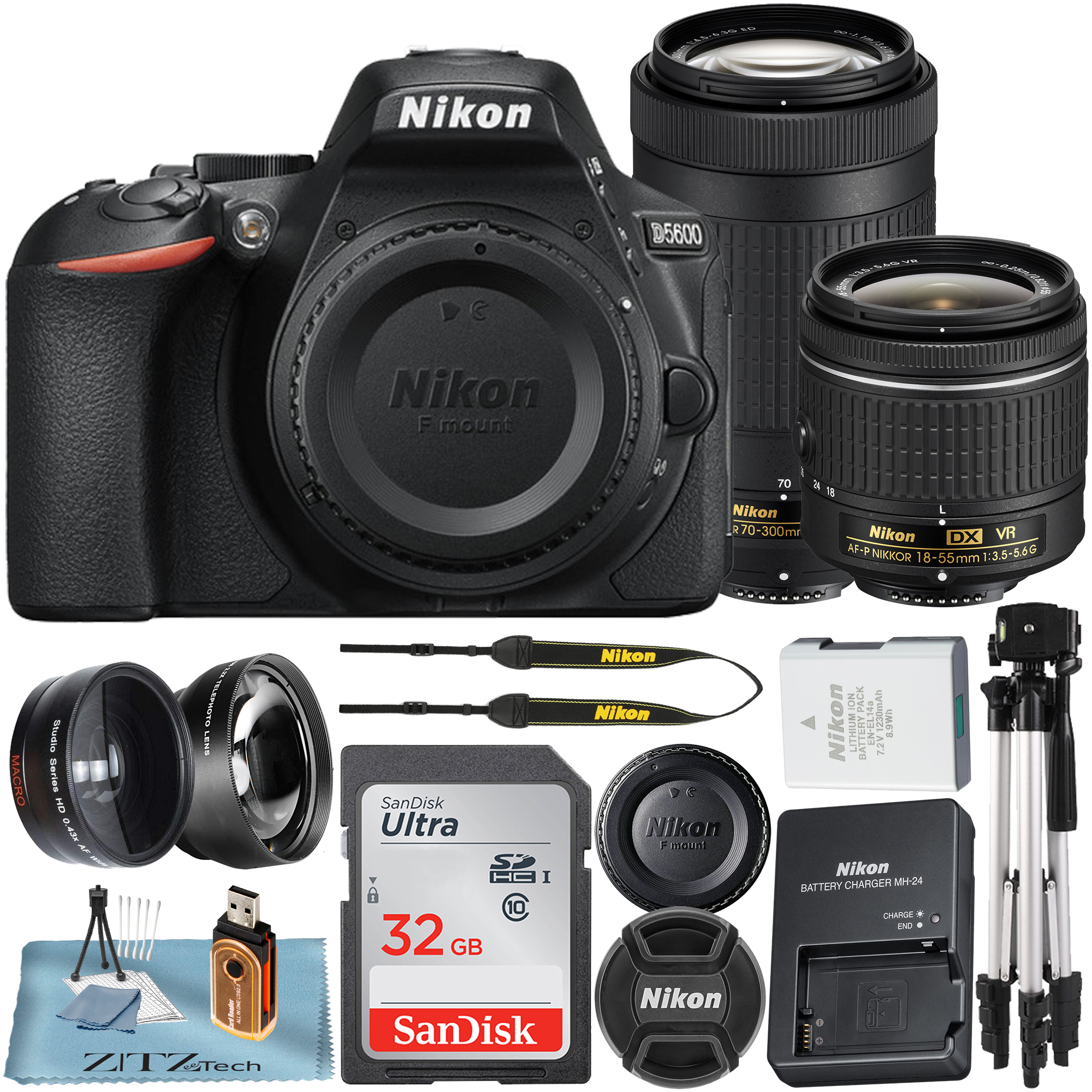 Nikon D5600 Digital SLR Camera with 18-55mm + 70-300mm Lens + 32GB SanDisk Memory Card + Tripod + Wideangle + Telephoto + ZeeTech Accessory Bundle