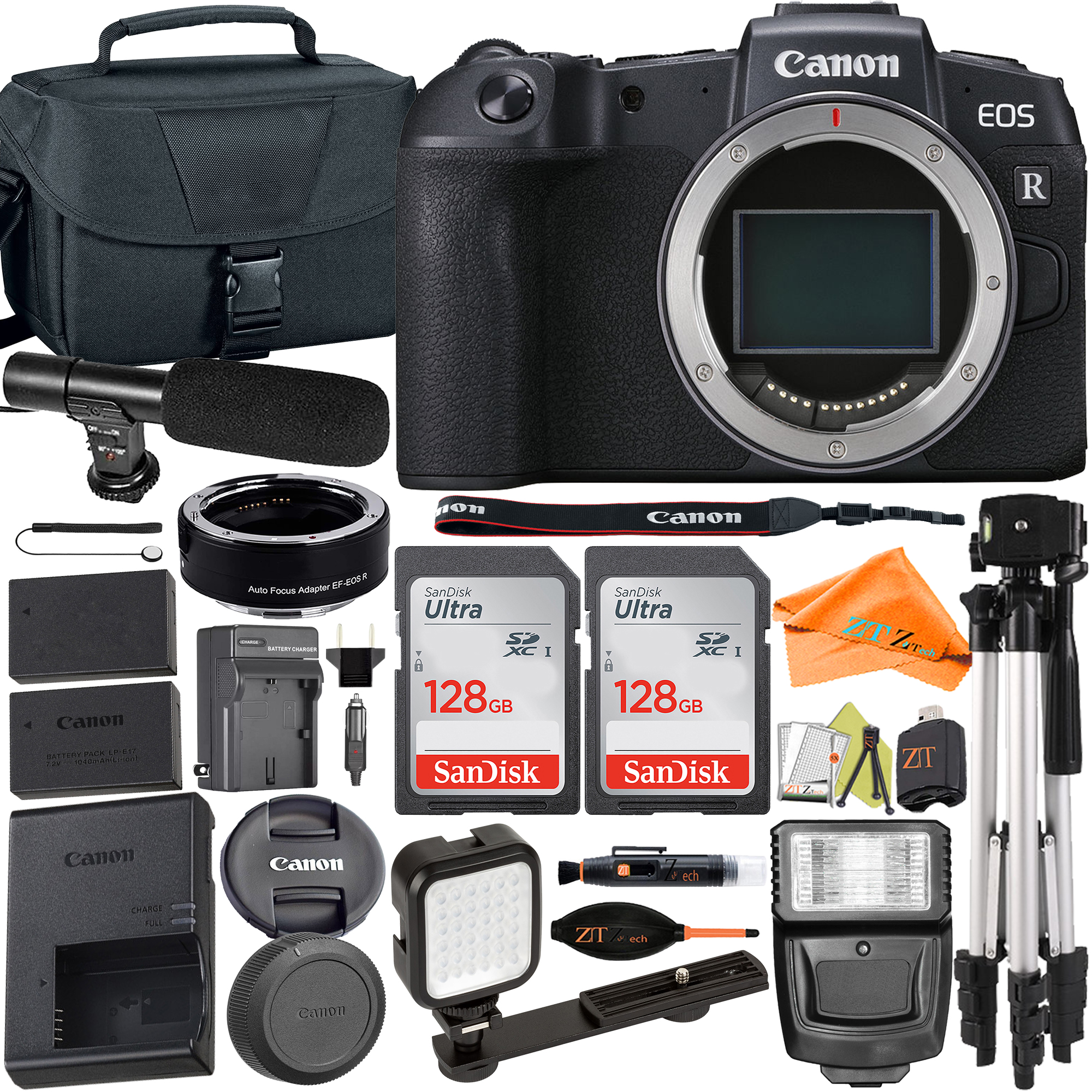 Canon EOS RP Mirrorless Camera (Body Only) with Mount Adapter + Microphone + 2 Pack SanDisk 128GB + Case + ZeeTech Accessory