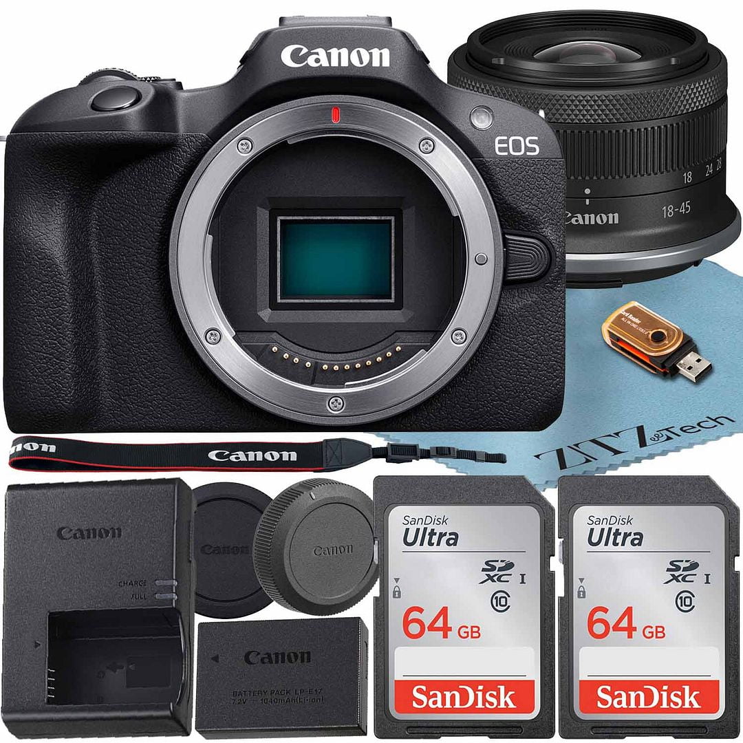 Canon EOS R100 Mirrorless Camera with RF-S 18-45mm f/4.5-6.3 IS STM Lens + 2 Pack SanDisk 64GB Memory Card + ZeeTech Accessory Bundle