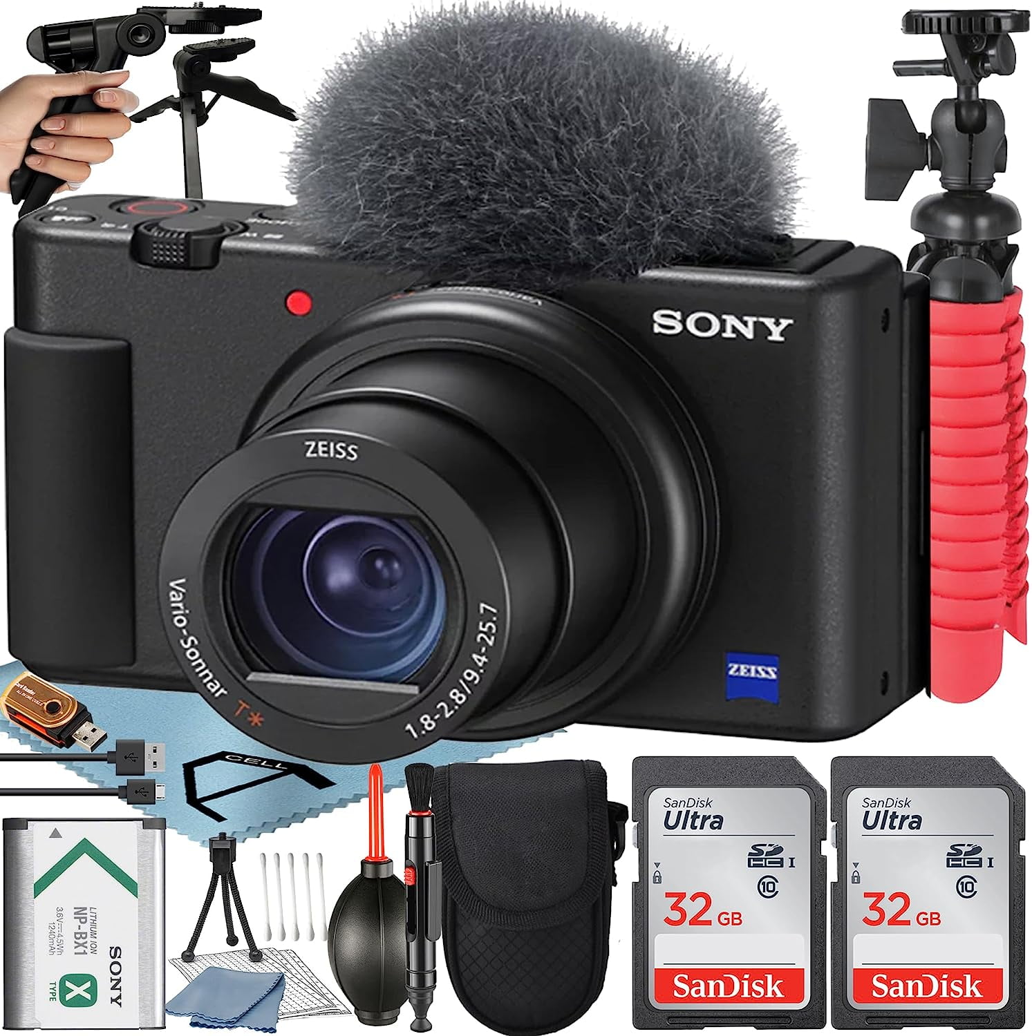 Sony ZV-1 Compact Digital Camera For Content Creators 4K HDR Video with Wind Screen + 2 Pack 32GB Memory Card + Case + Tripod + ZeeTech Accessory Bundle (Black)