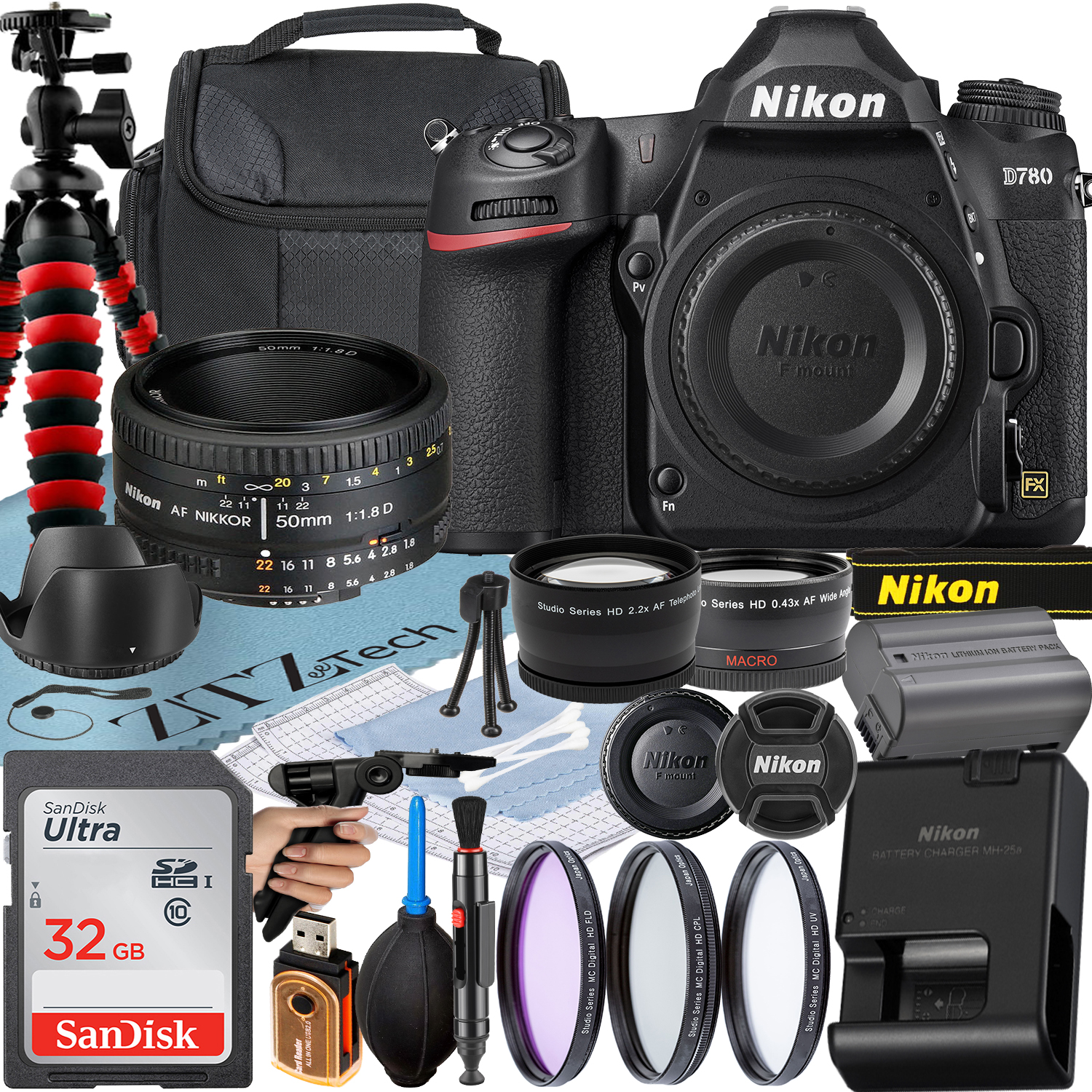 Nikon D780 DSLR Camera with AF NIKKOR 50mm f/1.8D Lens + SanDisk 32GB Card + Case + 3 Pieces Filter + Flash + ZeeTech Accessory Bundle