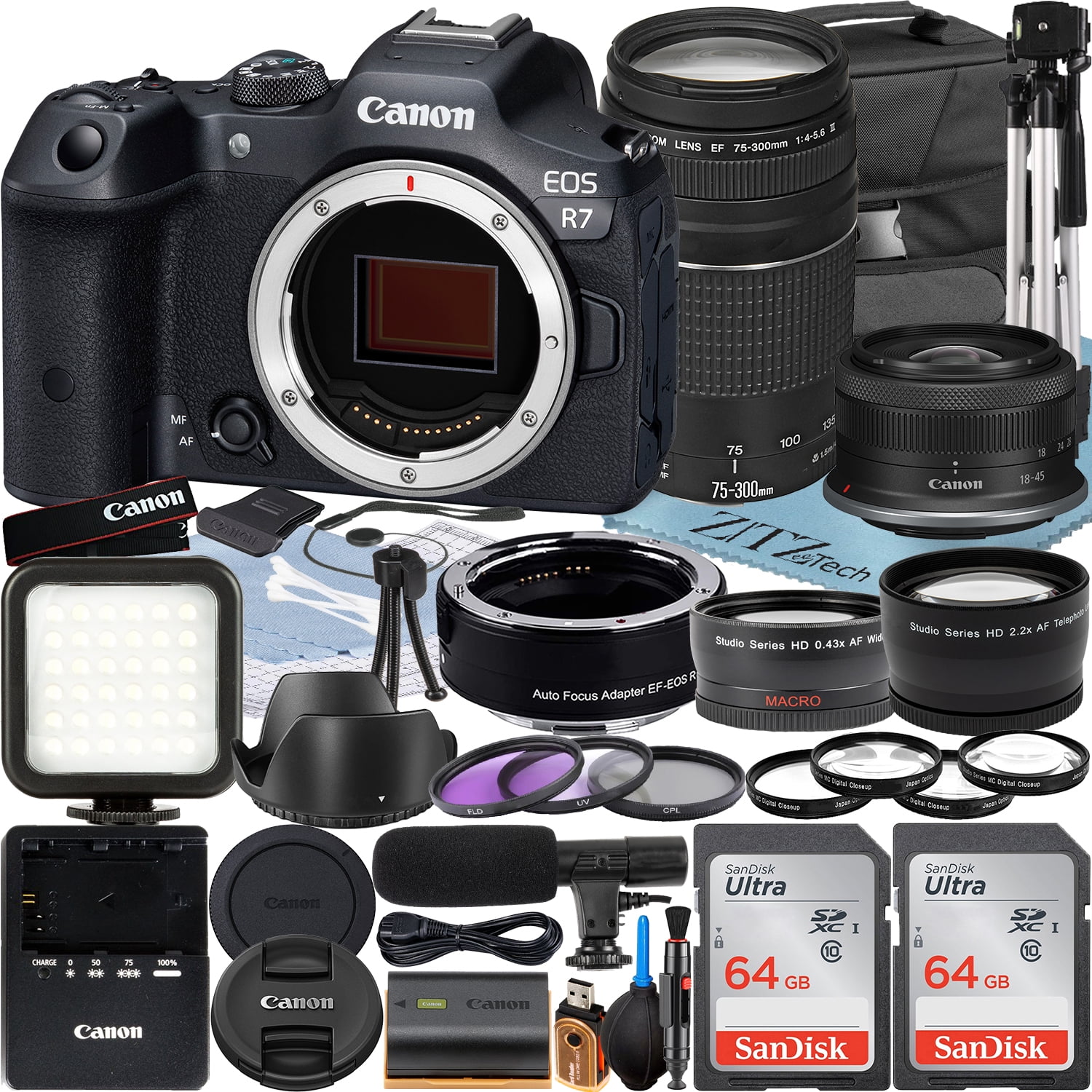 Canon EOS R7 Mirrorless Camera with RF-S 18-45mm + EF 75-300mm Lens + Mount Adapter + 2 Pack SanDisk 64GB Memory Card + Case + ZeeTech Accessory