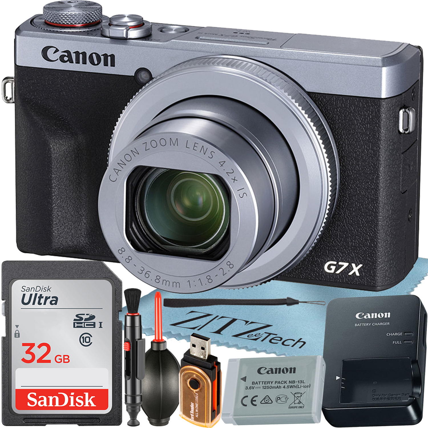 Canon PowerShot G7 X Mark III Digital Camera (Silver) with 4.2x Optical Zoom Lens + SanDisk 32GB Memory Card + Cleaning Pen + ZeeTech Starter Bundle