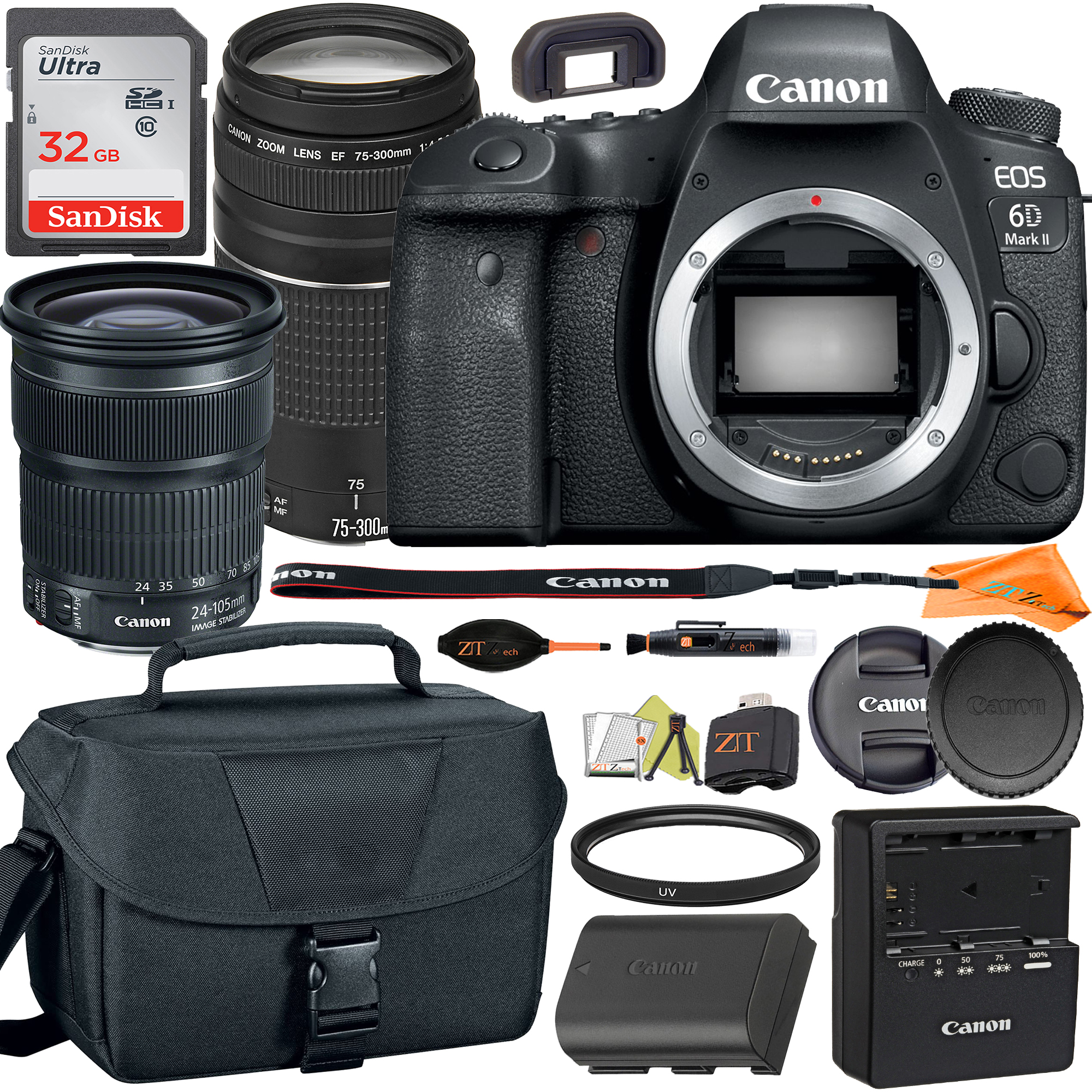 Canon EOS 6D Mark II DSLR Camera with 24-105mm + 75-300mm Lens with SanDisk 32GB Card + Case + ZeeTech Accessory Bundle